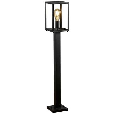 Zwarte buitenlamp met vierkante, heldere glazen kap en zichtbare gloeilamp, gemonteerd op een rechthoekige metalen paal.