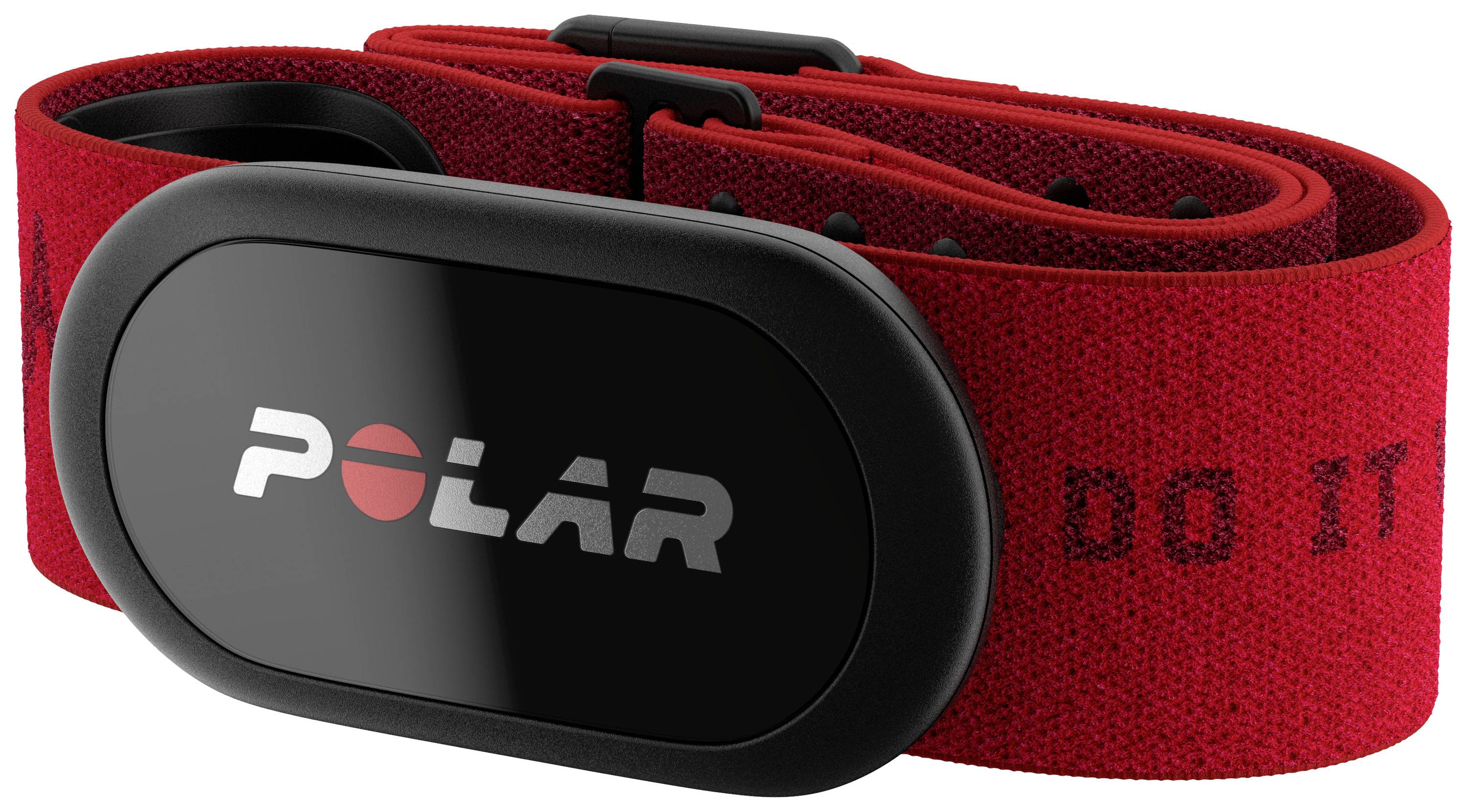 Rood fitness-polsbandje met een zwarte sensor en het 'POLAR'-logo. Wordt gebruikt voor hartslag monitoring tijdens het sporten.
