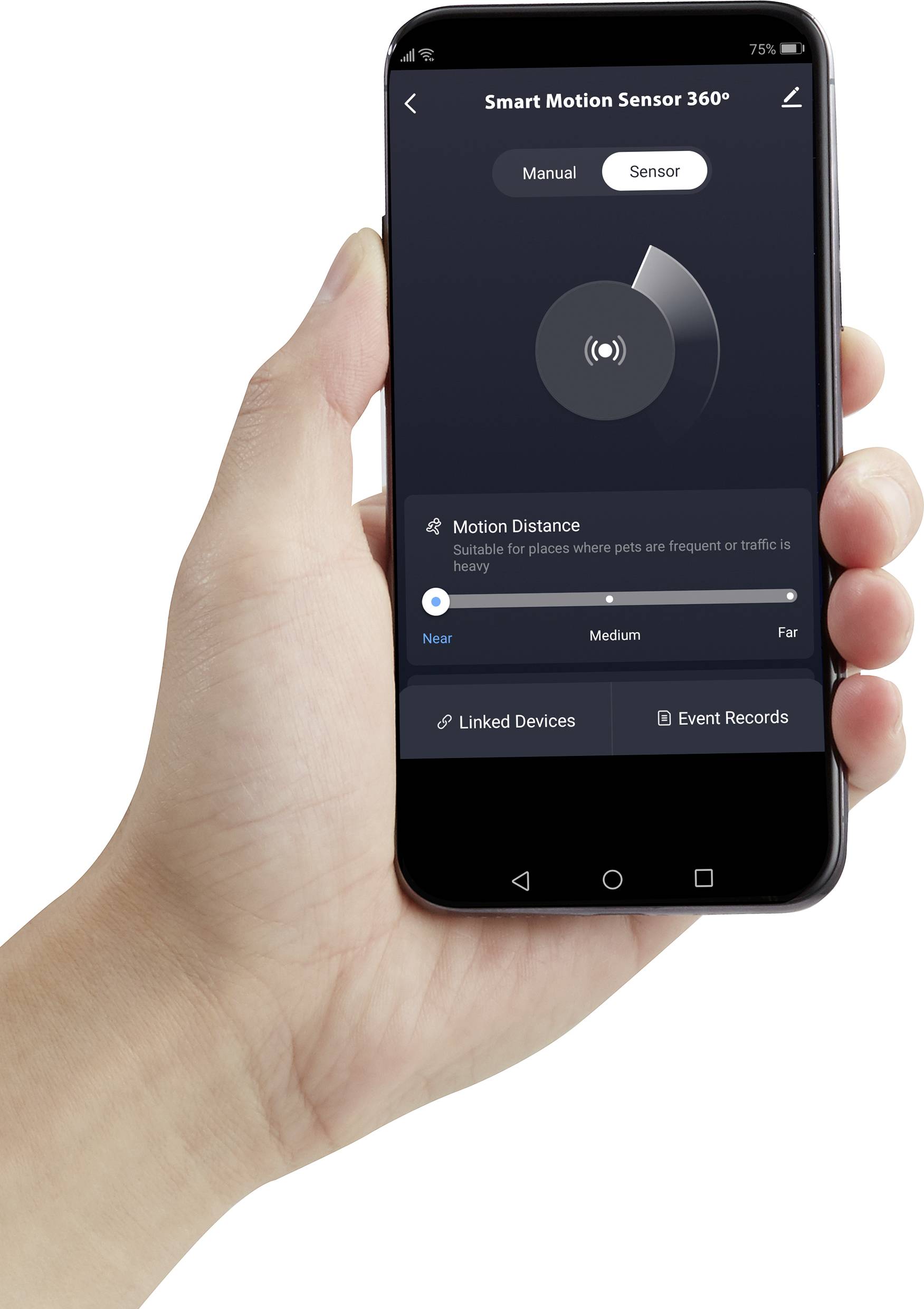 Een hand houdt een smartphone vast met de app 'Smart Motion Sensor 360°'. Het scherm toont instellingen voor bewegingsdetectie.
