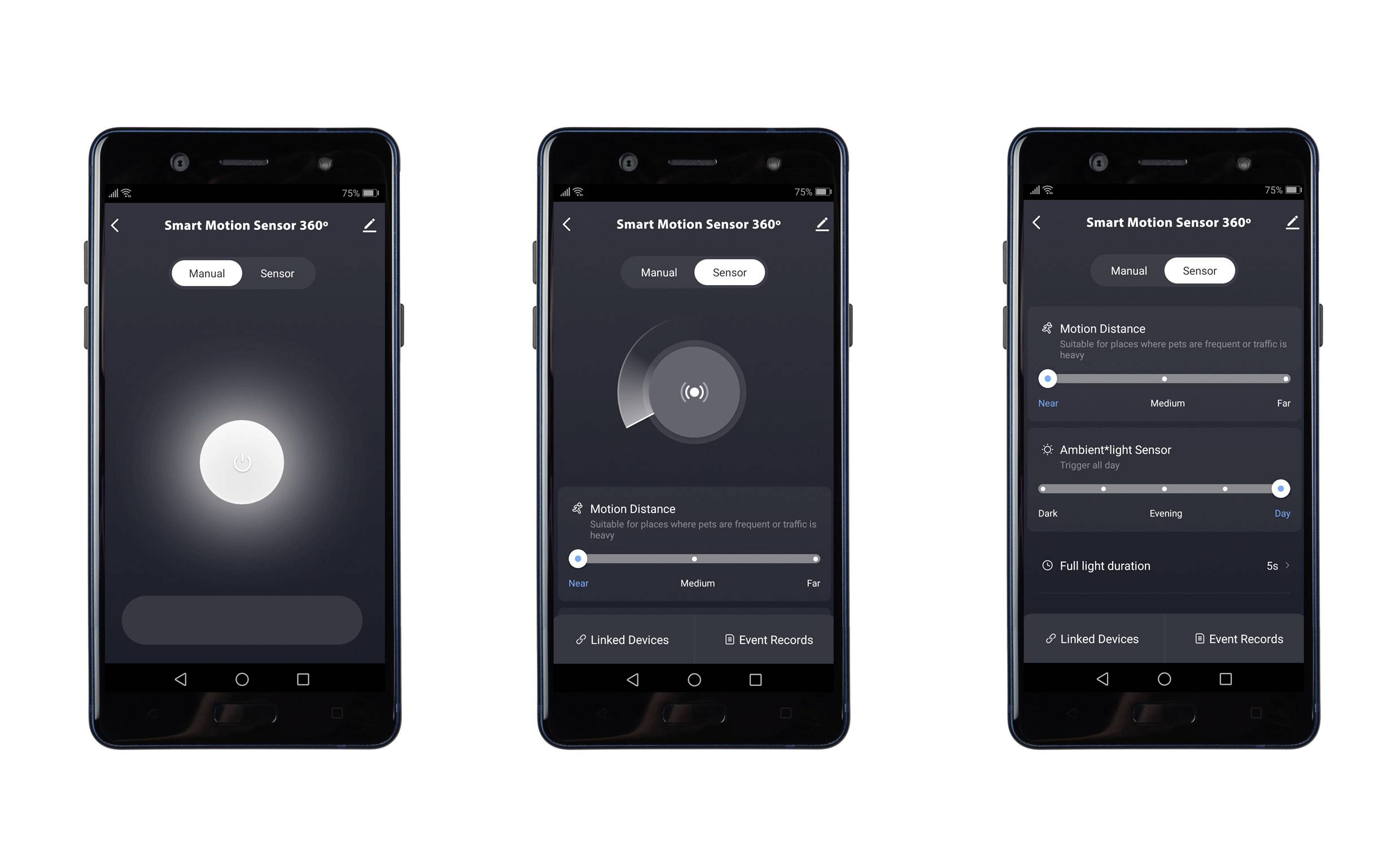 Drie smartphoneschermen tonen de gebruikersinterface van een slimme bewegingssensor. Opties voor het instellen van gevoeligheid en bedrijfsmodi.