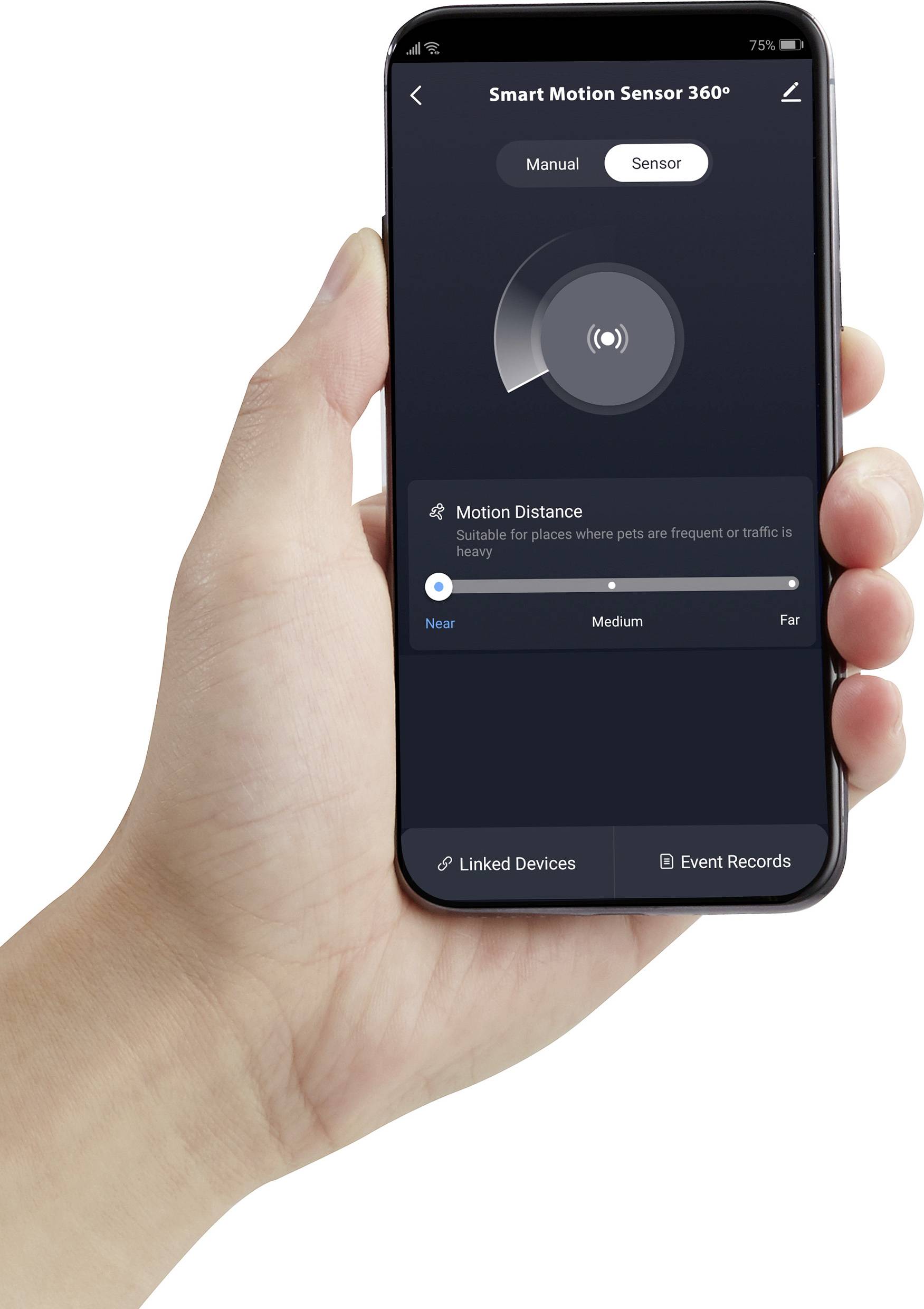 'Slimme Bewegingssensor 360°' App-scherm op smartphone, toont sensorstatus en 'Bewegingsafstand' instelling met opties 'Dichtbij', 'Gemiddeld', 'Ver'.