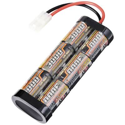 Een batterijpakket met zes cilindrische batterijen, 3000 mAh, 7,2 V, verbonden door rode en zwarte kabels met een witte stekker.