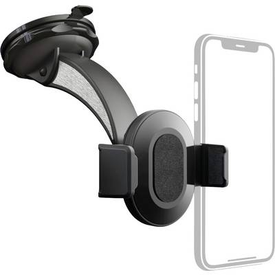 Smartphone-houder voor in de auto met een zuignap om te bevestigen aan de voorruit, naast een geschetste telefoonvorm.