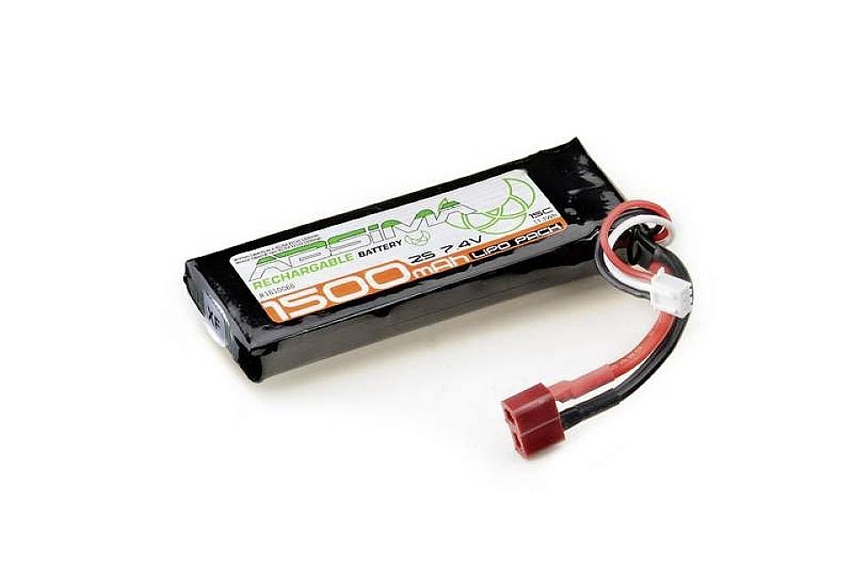 Een rechthoekige, oplaadbare accu met de opdruk '1500mAh 7,4V' en rode en zwarte aansluitkabels.