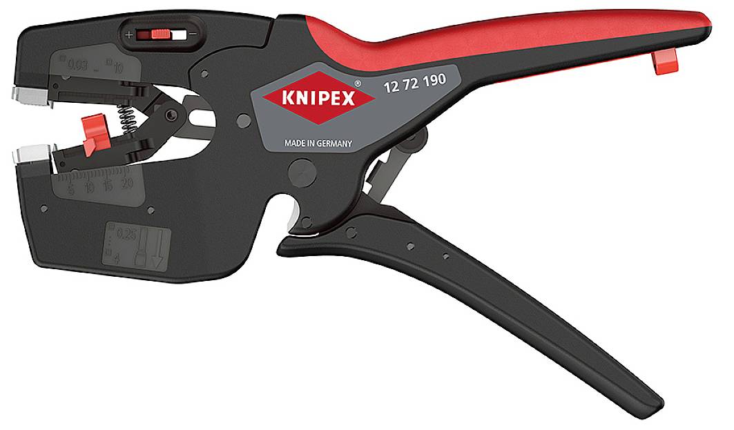 Een zwarte en rode striptang met het opschrift 'Knipex, Made in Germany', die wordt gebruikt voor het verwijderen van isolatie van kabels.