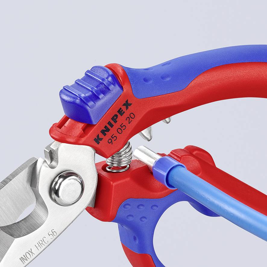 Een rood-blauwe draadknipper van het merk Knipex met modelnummer 95 05 20. Hij is vervaardigd uit roestvrij staal.