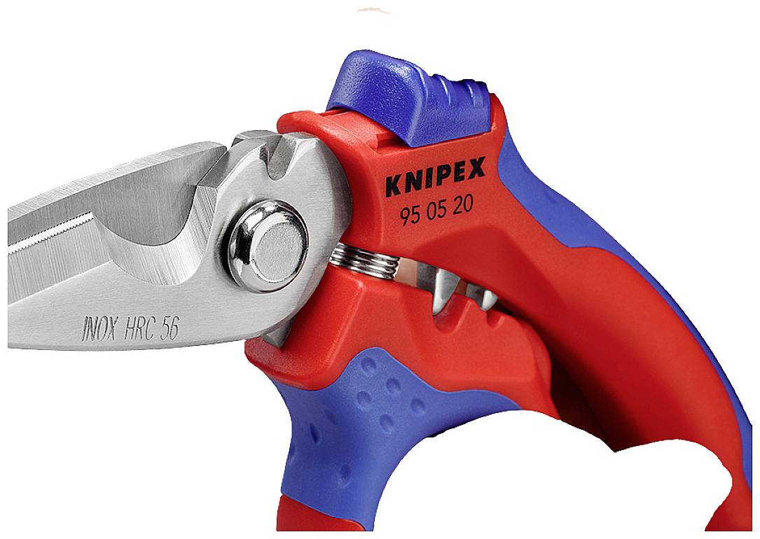 Een rode en blauwe Knipex-kabelschaar met het opschrift '95 05 20'. De metalen messen zijn gemarkeerd met 'INOX HRC-56'.