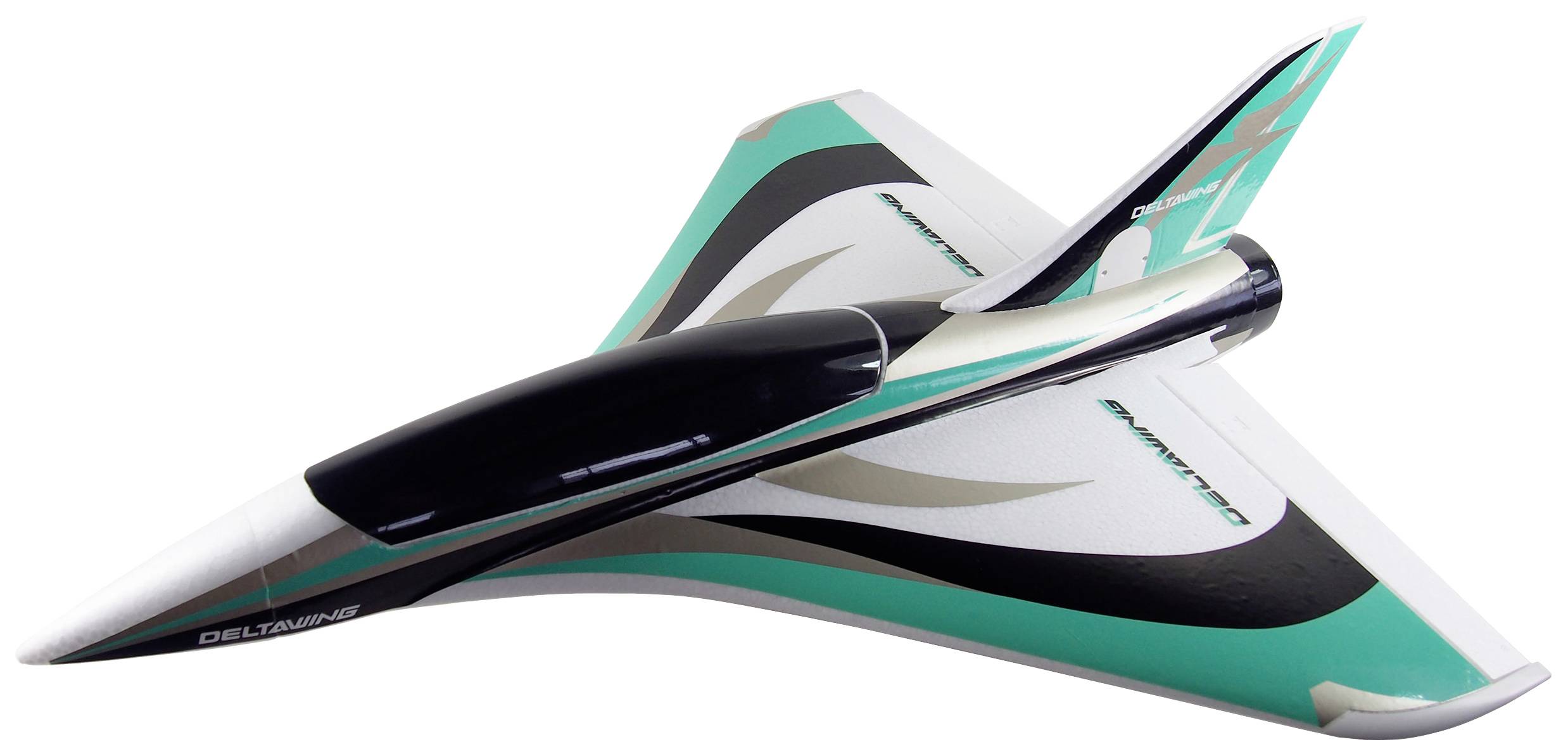 Een modelvliegtuig met futuristisch ontwerp, driehoekige vleugels en turquoise accenten op een witte achtergrond.