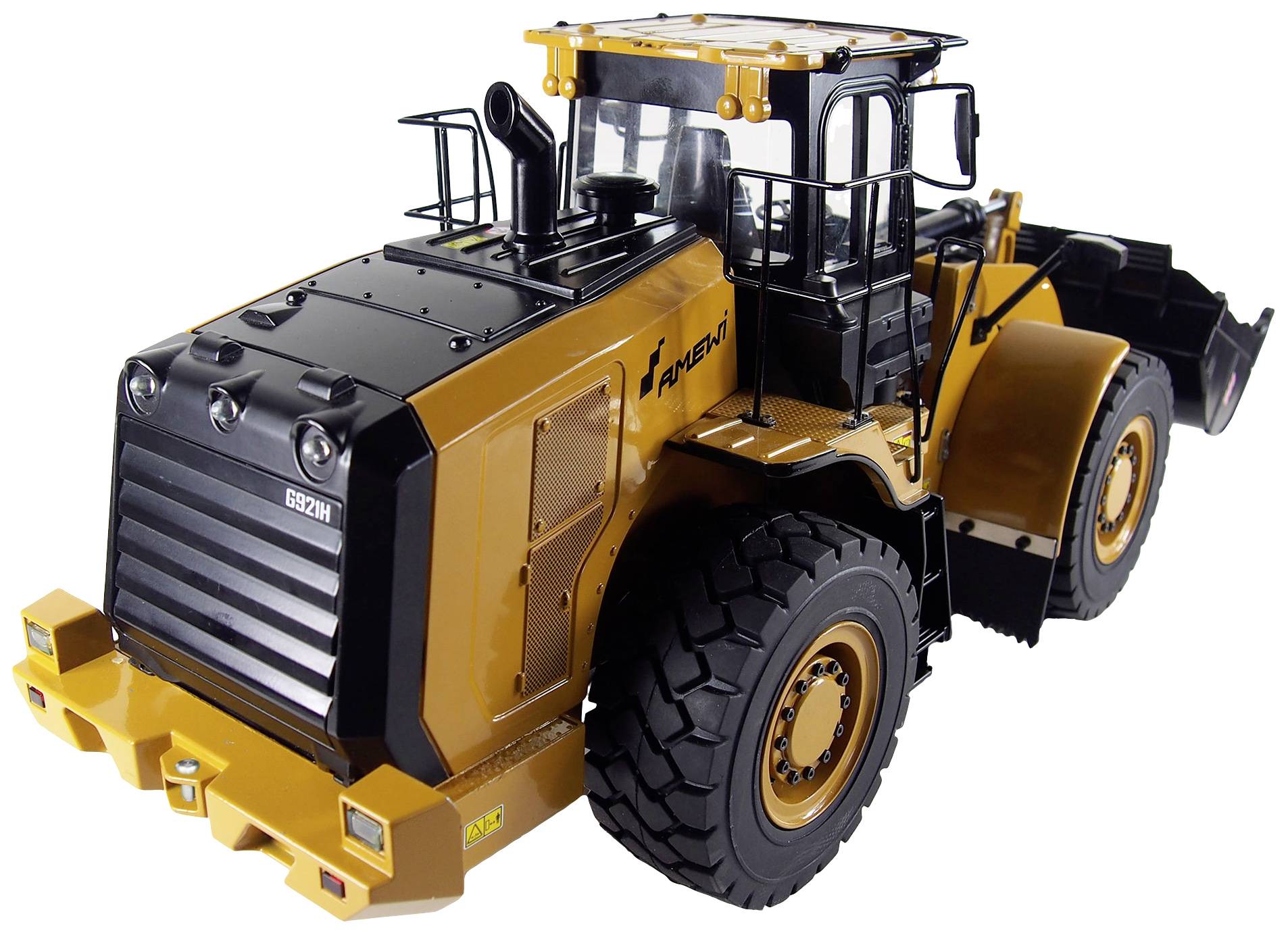 Een gele en zwarte graafmachine met grote wielen, een robuust frame en een beschermende kooi, geschikt voor zwaar bouwwerk.