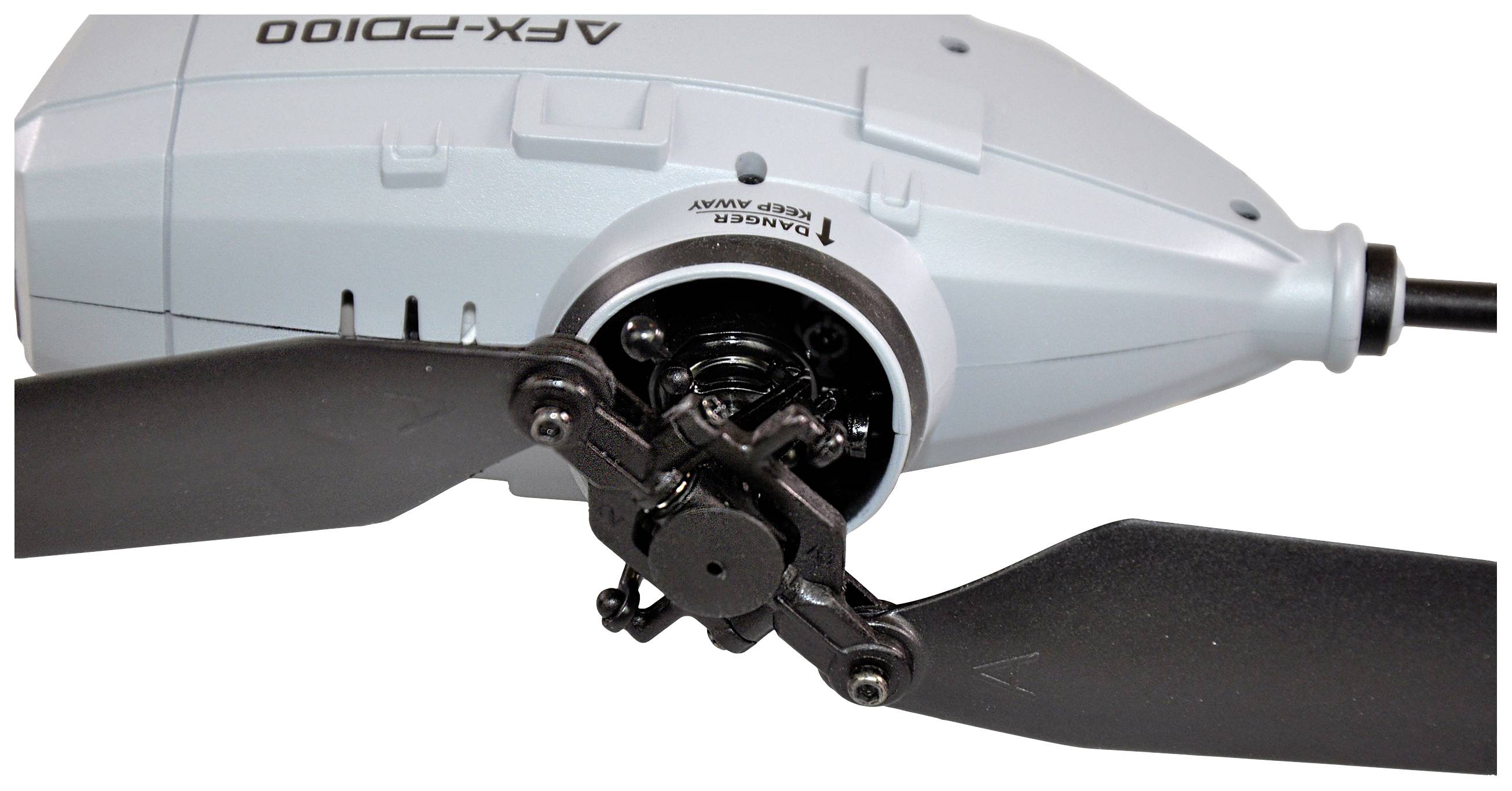 Een grijze dronenmotor met een zwarte propeller, model 'Apex-PD100'. Apparaat wordt gebruikt voor vluchtbesturing.