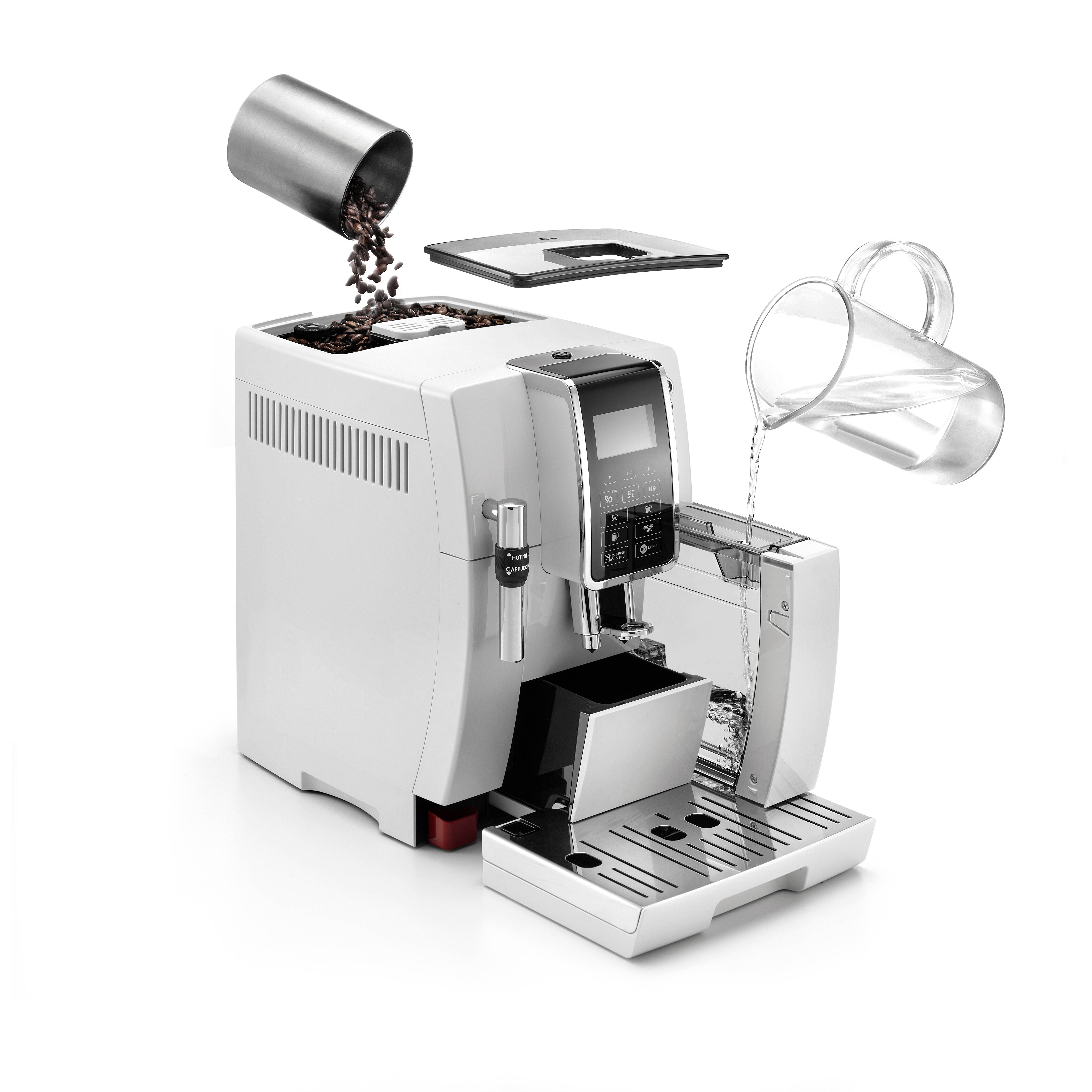 Volautomatische koffiemachine, toont koffiebonen en water tijdens het vulproces. Belangrijkste kenmerken: bonenreservoir, waterinlaat.