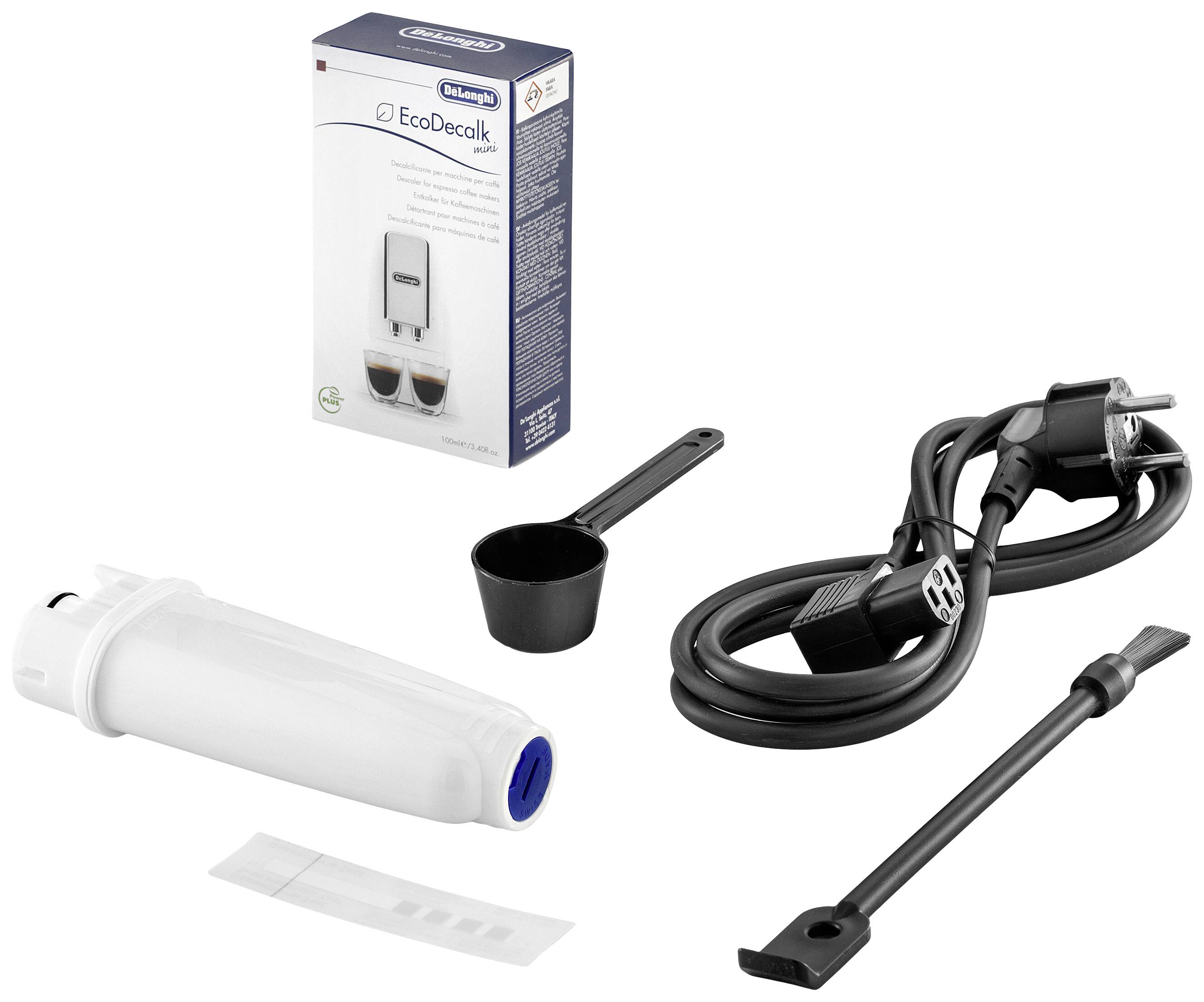 Ontkalkinsgset met filterpatroon, reinigingsborstel, maatlepel, kabel en filter voor koffiemachines. Verpakking 'EcoDecalk'.
