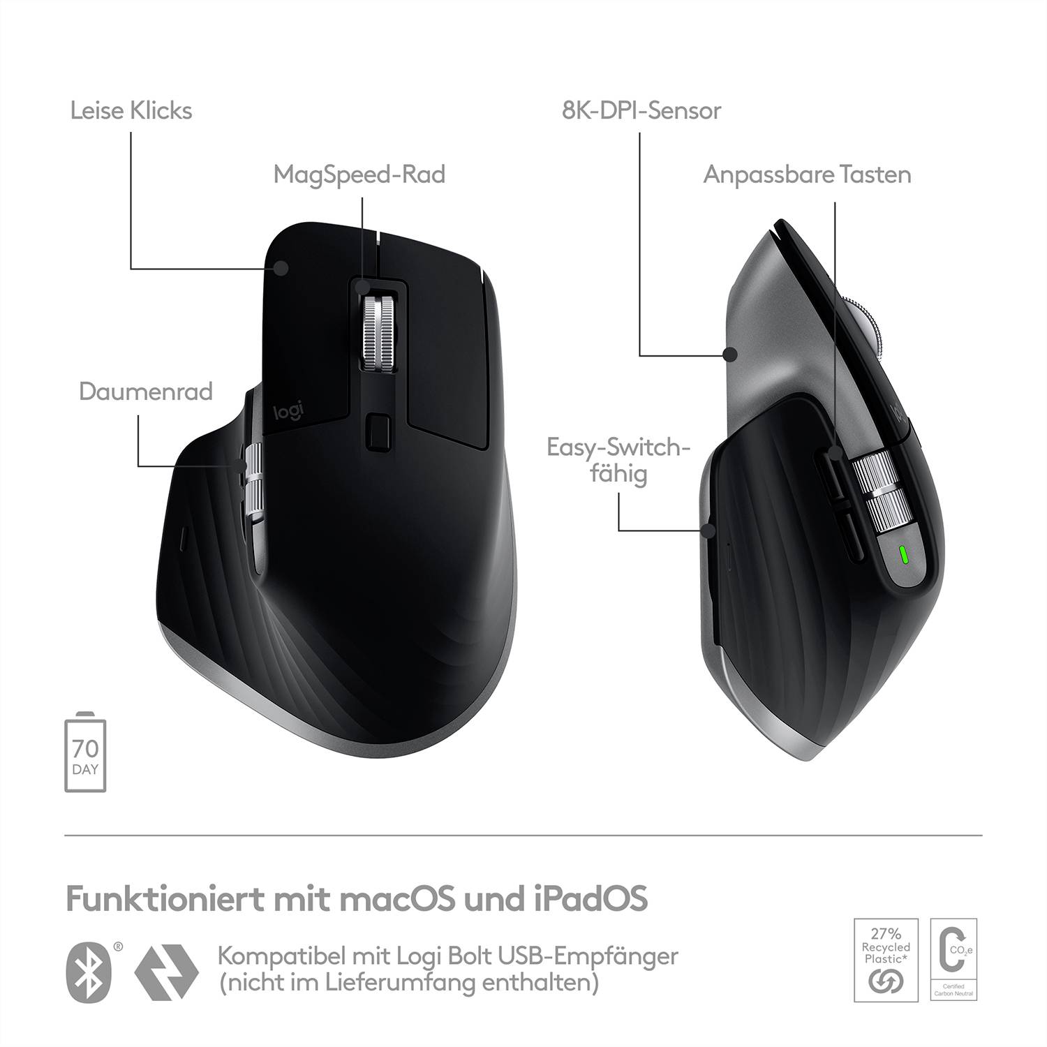 Zwart-zilveren computermuis met ergonomisch ontwerp, meerdere knoppen en wieltjes. Beschrijving benadrukt functies zoals duimwiel en stille klikken. Compatibel met macOS en iPadOS.