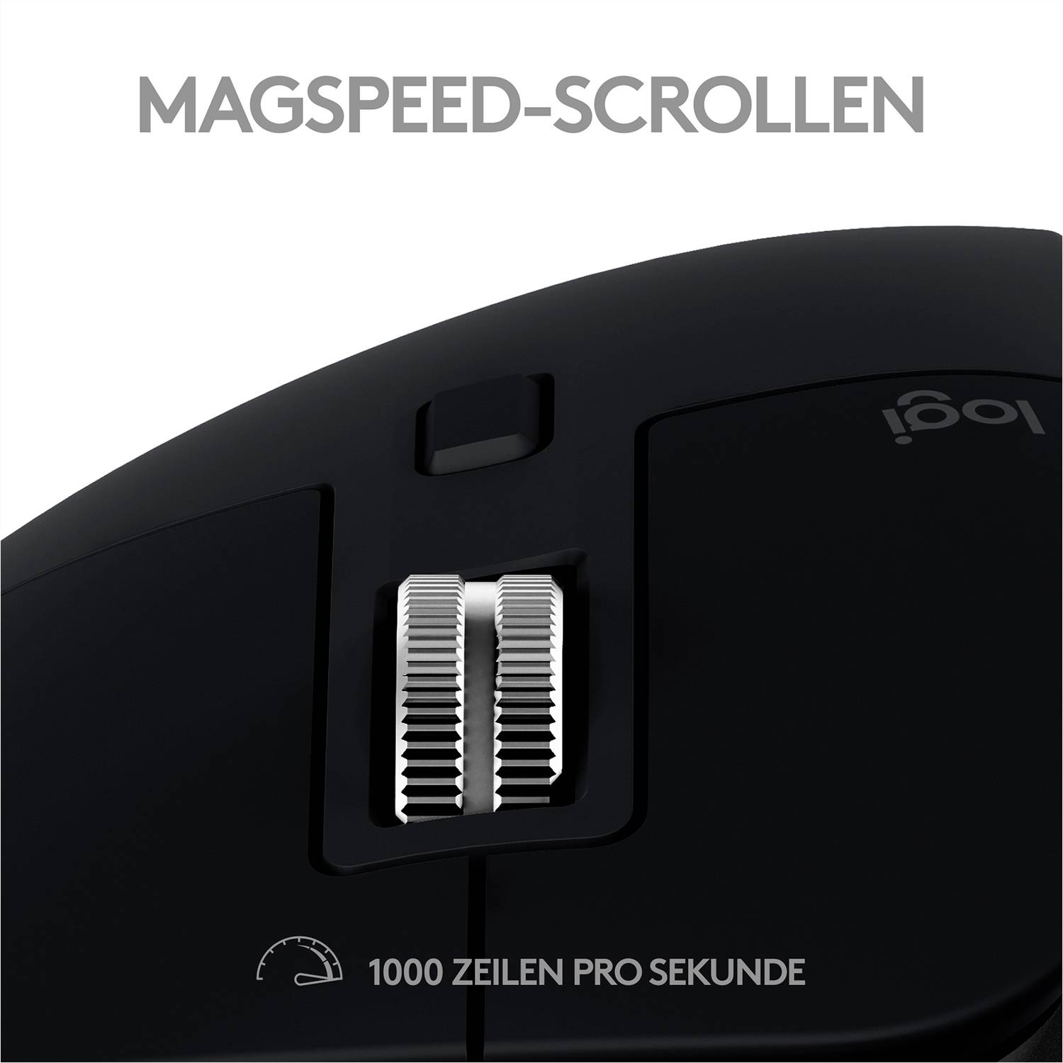 Zwarte computermuis met Magspeed-scrollwiel en opschrift '1000 regels per seconde', toont snel scrollen.