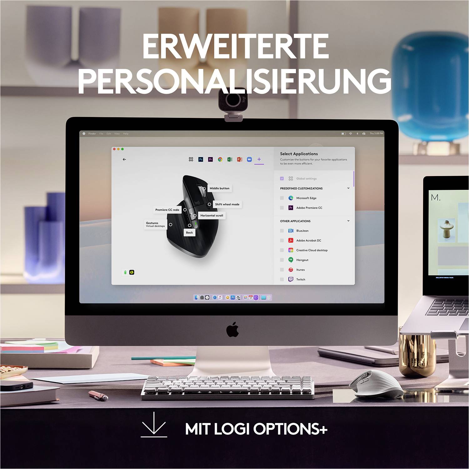 Een computerscherm met geopende software toont opties voor persoonlijke aanpassing. Tekst 'Geavanceerde personalisatie'.
