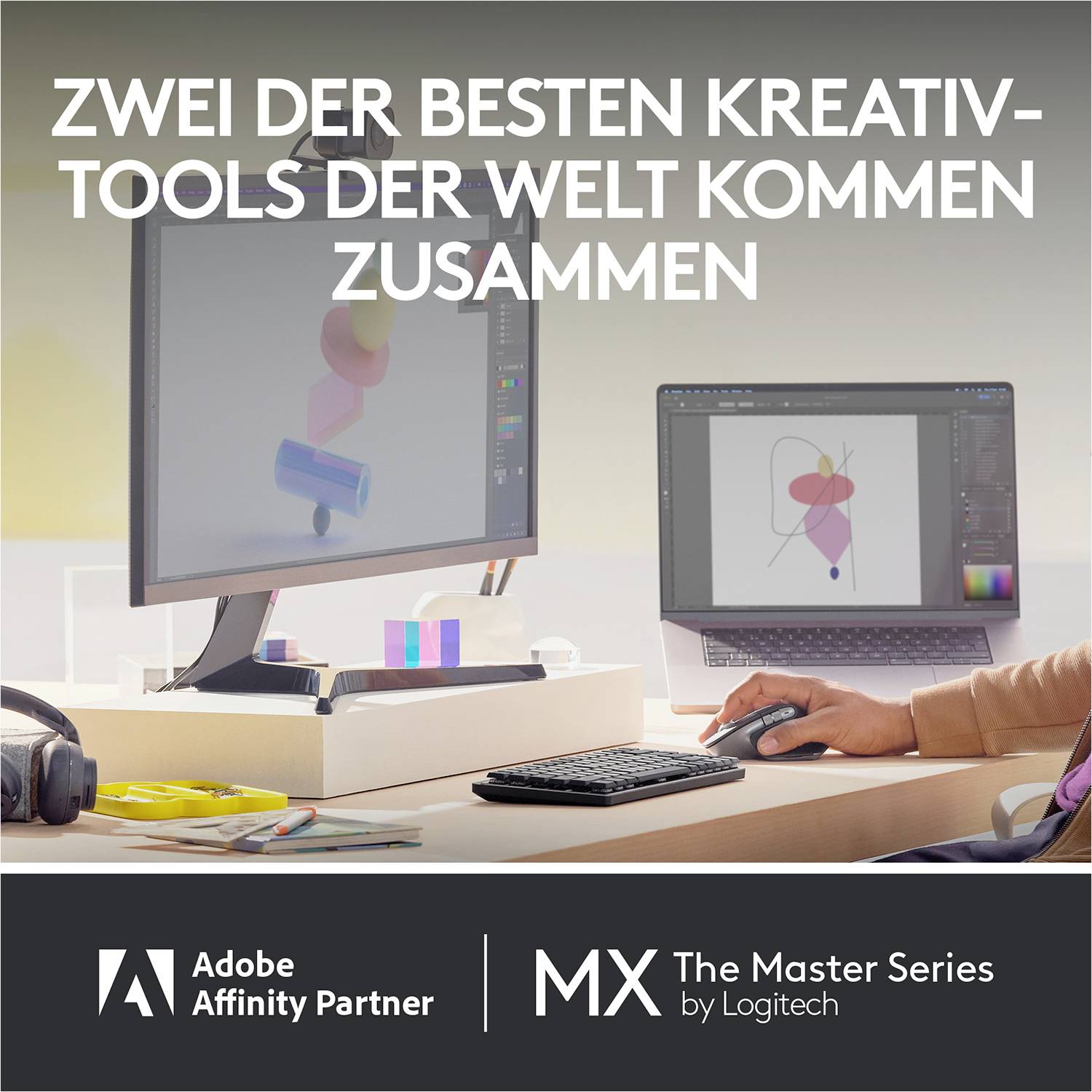 'Twee van de beste creatieve tools ter wereld komen samen.' Twee schermen met grafisch ontwerpsoftware en Logitech-randapparatuur.