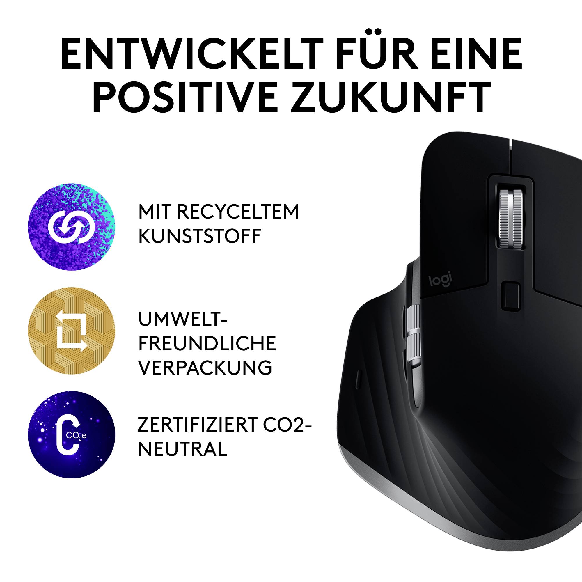 Een zwarte computermuis met daarnaast de tekst 'Ontwikkeld voor een positieve toekomst'. Drie symbolen tonen recycling, milieubescherming en CO2-neutraliteit.