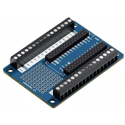 Elektronische printplaat met meerdere aansluitingen en een blauwe achtergrond, voorzien van labels 'GND', 'D0-D13', 'A0-A5' voor het besturen van elektronische schakelingen.