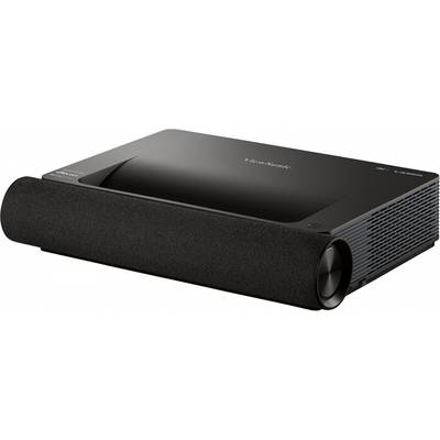 Een zwarte, rechthoekige projector met afgeronde hoeken en een grote lens aan de rechterkant, geschikt voor thuisbioscoop.