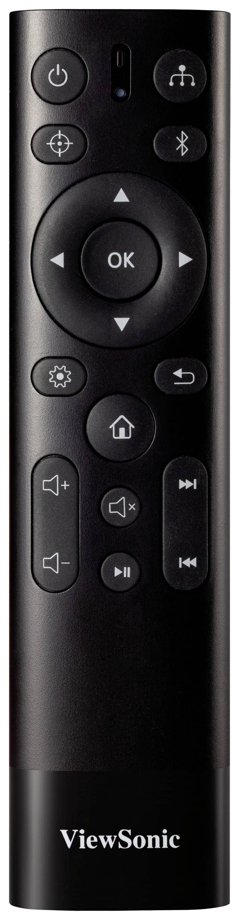 Een zwarte afstandsbediening van het merk ViewSonic met knoppen voor volume, navigatie en afspeelbediening.