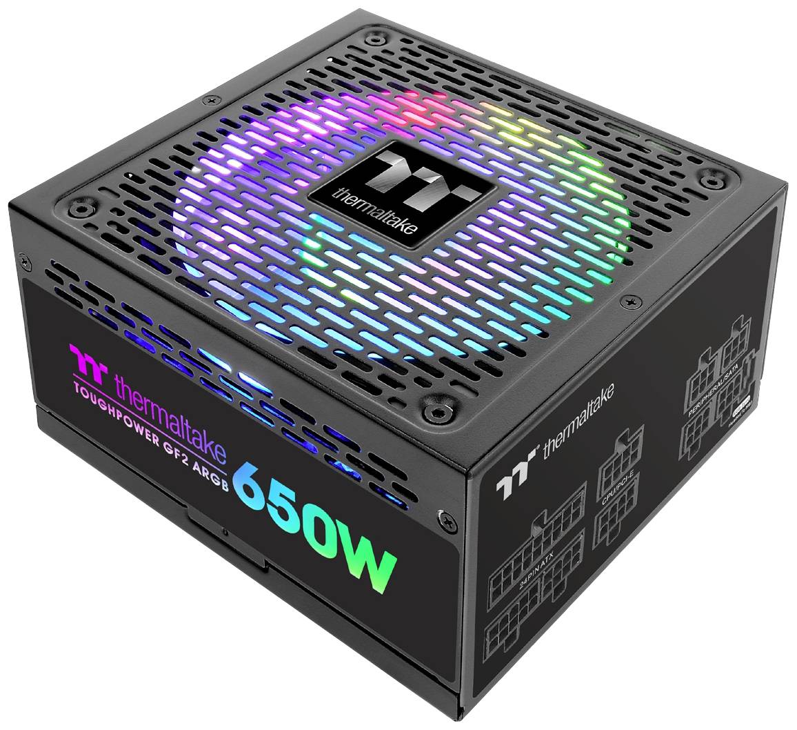 Een Thermaltake Toughpower GF2 ARGB 650W voeding met RGB-verlichting. Het toont kleurrijke lichteffecten aan de bovenkant.