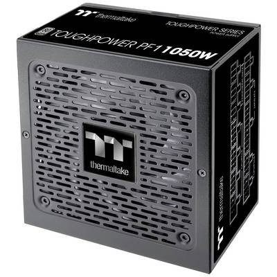 'Zwarte voeding, Thermaltake Toughpower PF1 1050W, met ventilatieopeningen en productbranding.'