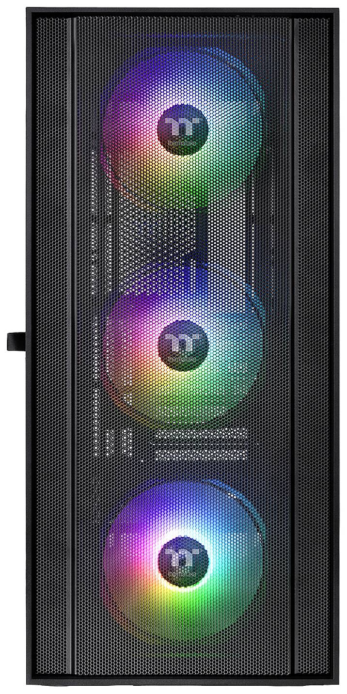 Zwart computerbehuizing met drie frontaal zichtbare, oplichtende RGB-ventilatoren in verticale configuratie.