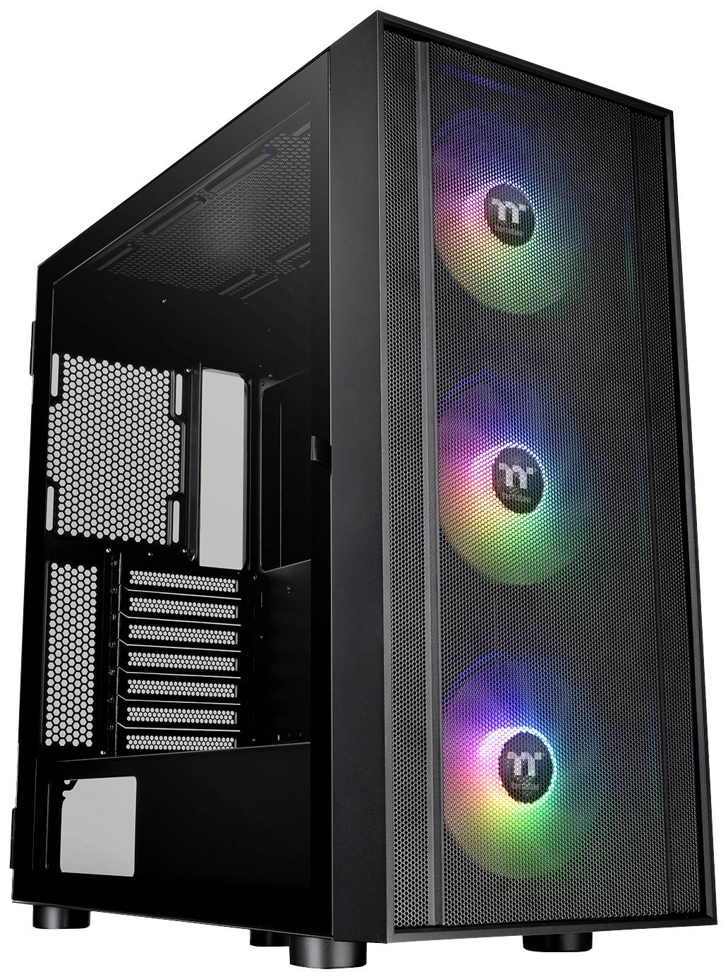 Zwart pc-behuizing met transparant zijpaneel en drie RGB-verlichte ventilatoren aan de voorzijde.