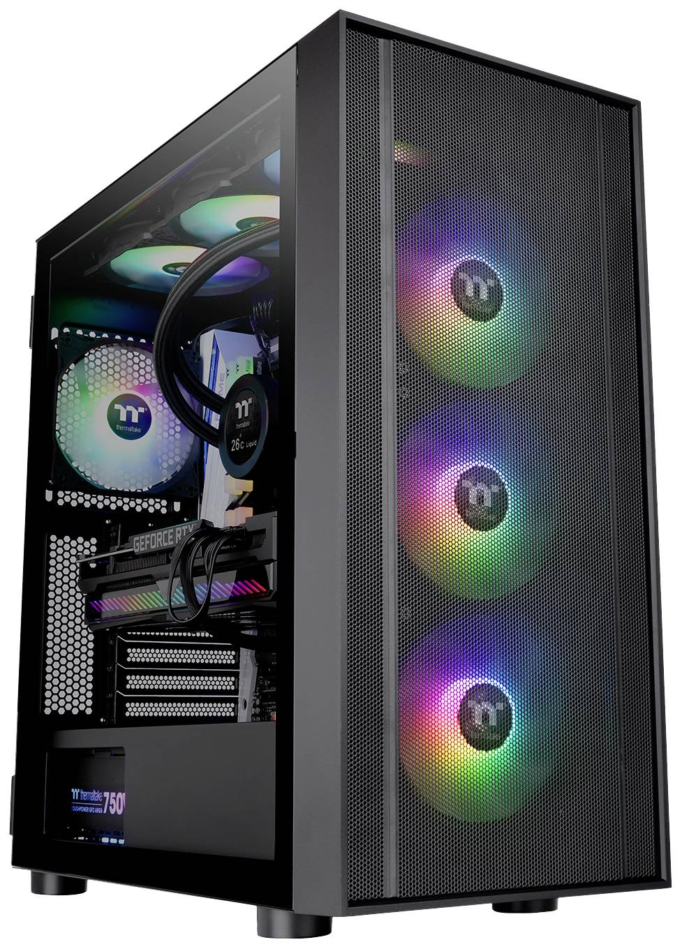Een moderne computer-toren met een transparante behuizing, RGB-verlichte ventilatoren en een krachtige videokaart.