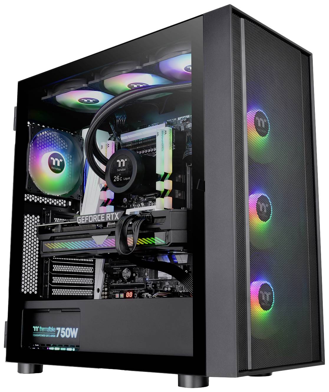 Een gaming-pc met een transparant behuizing, toont RGB-verlichte componenten en een GeForce RTX-videokaart.