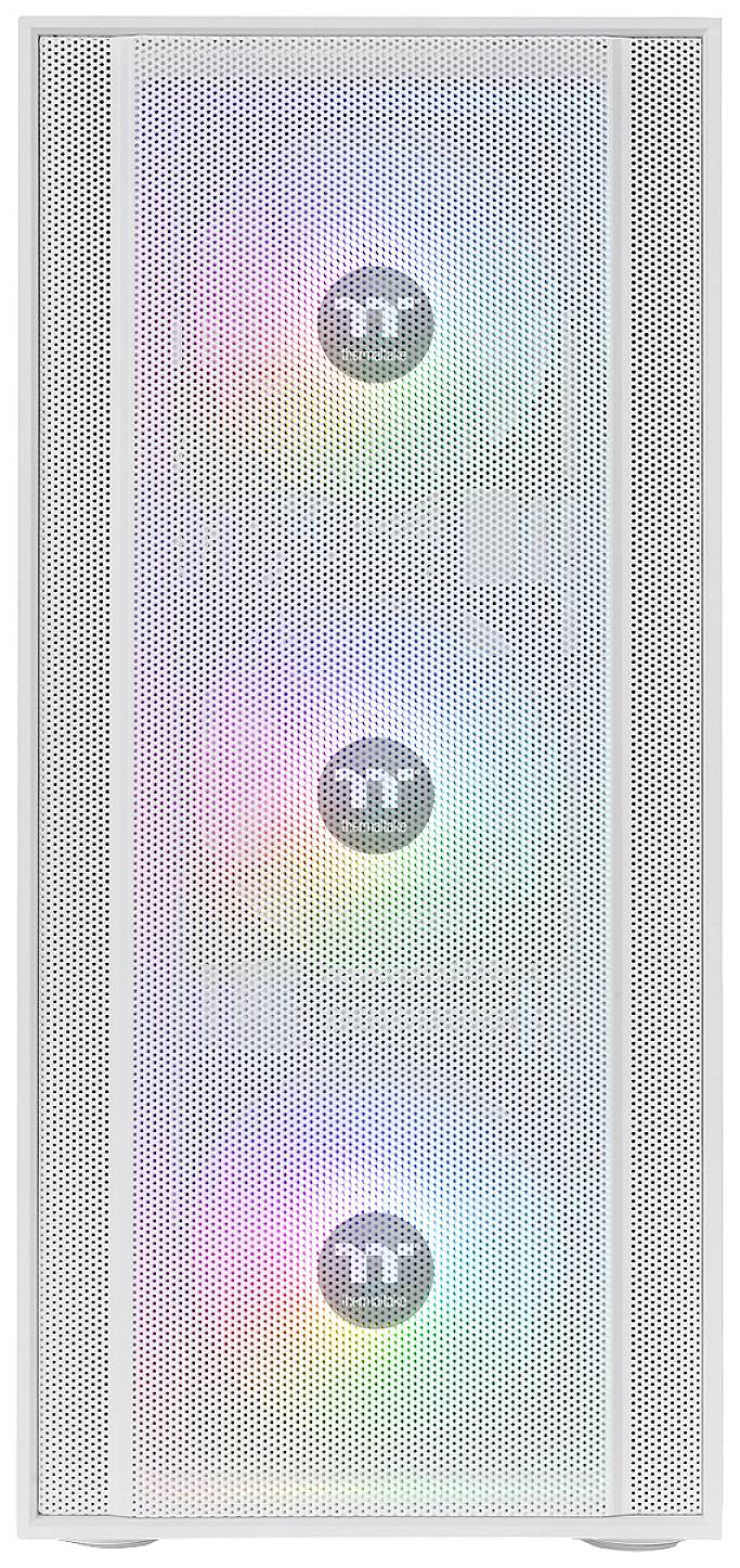 Computerbehuizing met drie zichtbare ventilatoren die in regenboogkleuren oplichten.