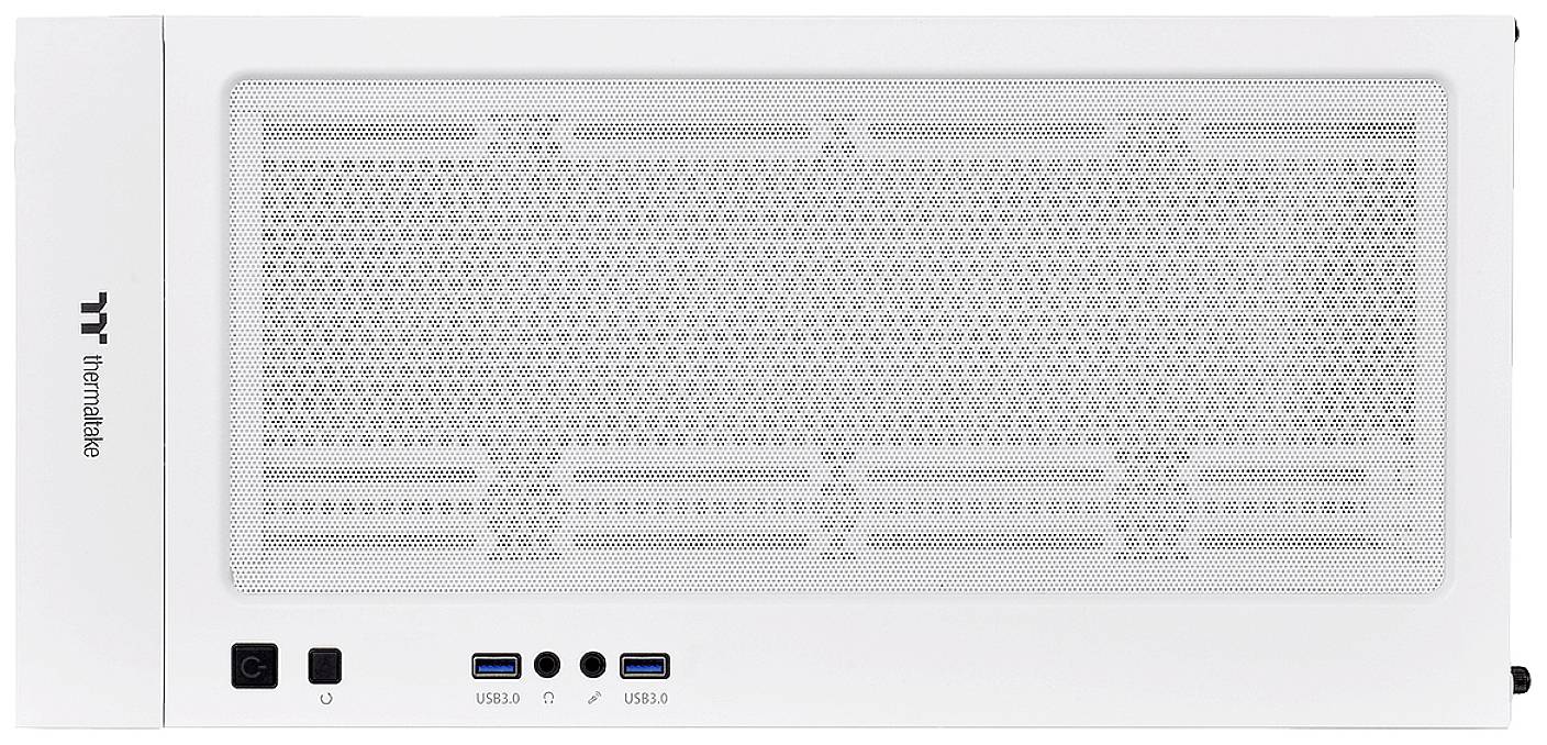 Witte voorkant van computerbehuizing met twee USB-poorten, een USB-C-poort en onderaan een audio-aansluiting. Bedrijfslogo en naam links.