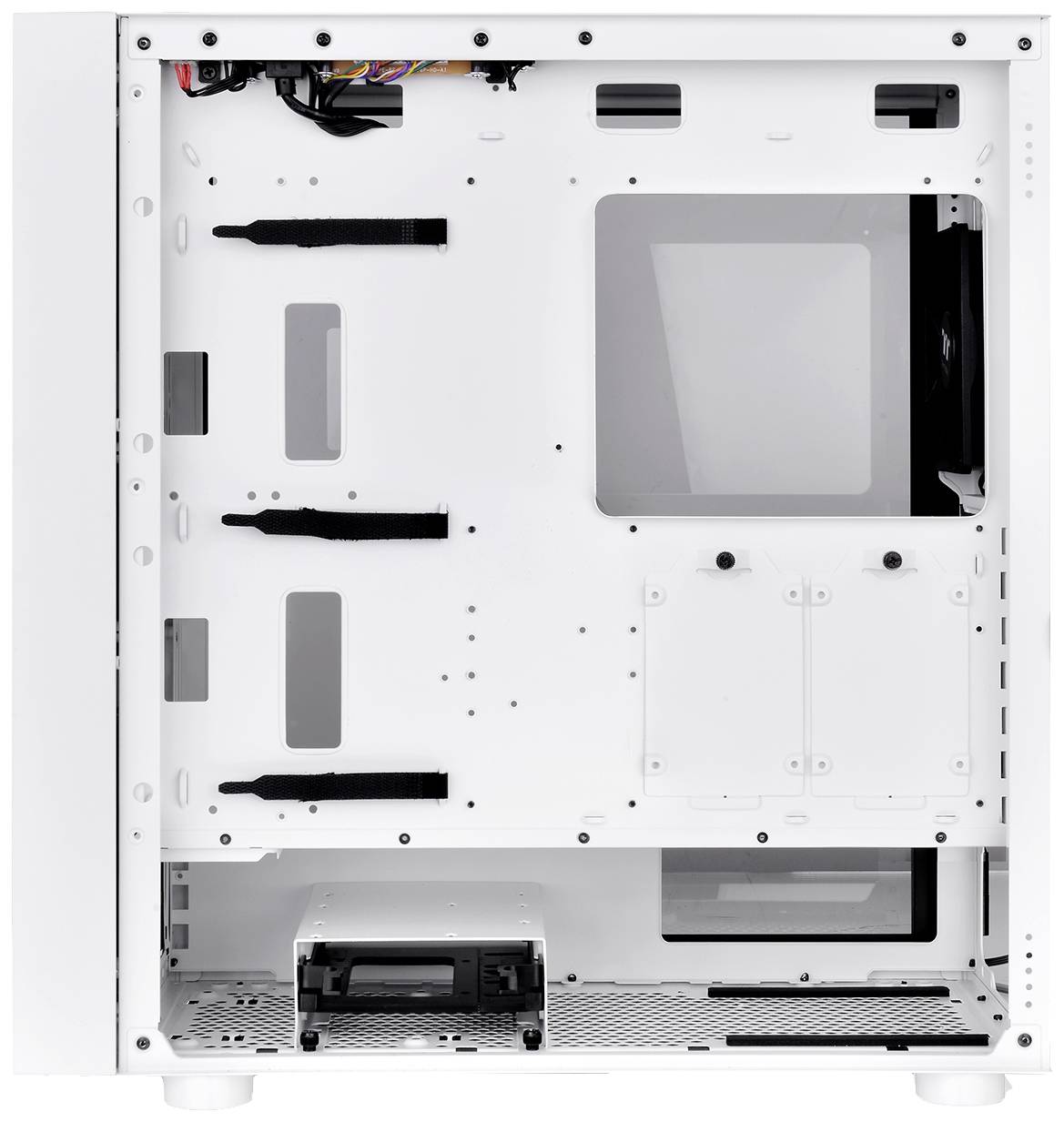 Wit computerbehuizing van binnenuit gefotografeerd, zonder hardwarecomponenten, toont sleuven en bevestigingsbeugels voor hardware-installatie.