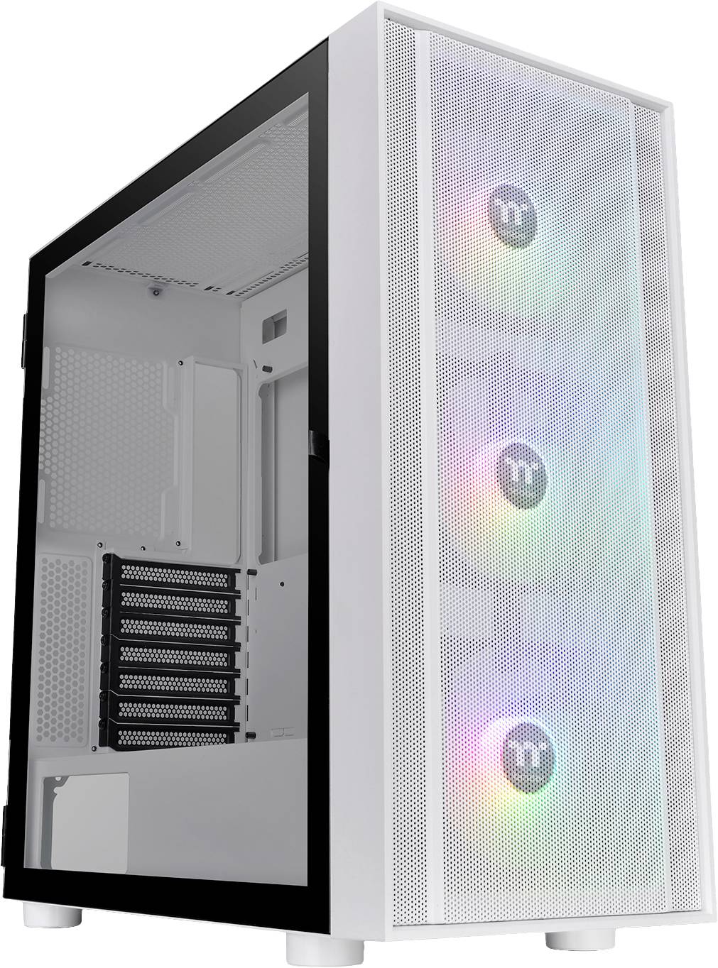 Wit computerbehuizing met een glazen zijpaneel en drie kleurrijk verlichte ventilatoren aan de voorkant.