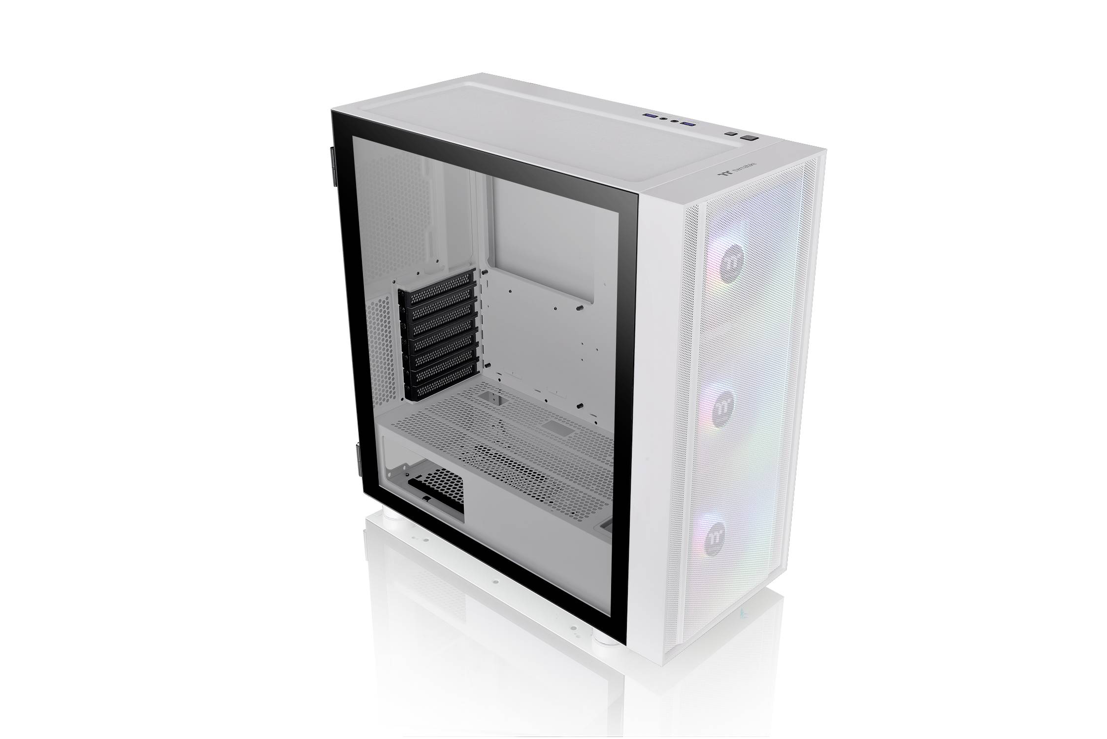 Een wit computerbehuizing met een glazen venster toont ruimte voor componenten en ventilatoren. Twee ronde ventilatoren aan de voorkant.