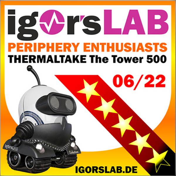 igersLAB-logo en tekst bij Thermaltake The Tower 500. Grafiek toont een beoordelingspatroon. Context: Periferie-enthousiasteling review.