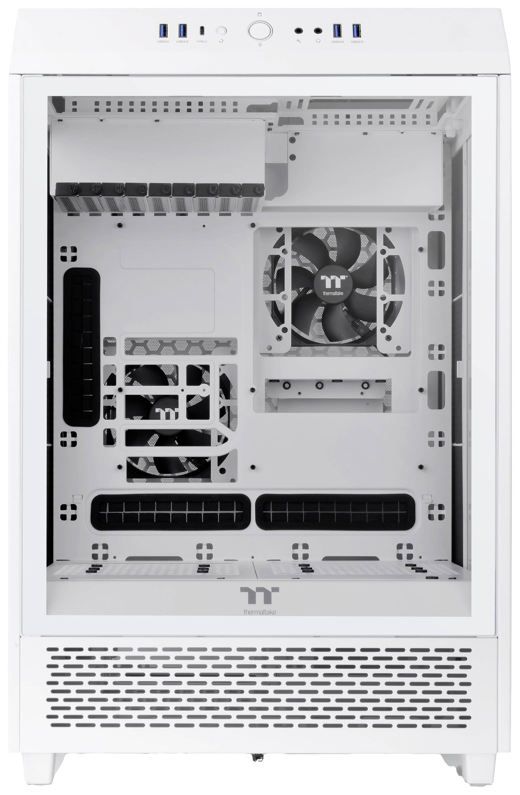 Een lege, witte computerbehuizing met meerdere ventilatoren en ventilatiesleuven. Geschikt voor het bouwen van een eigen pc.