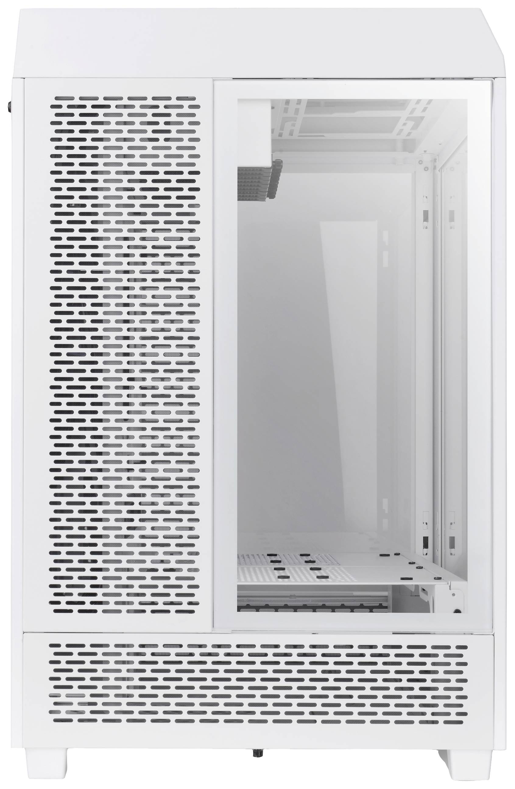 Wit computerbehuizing met grote, zijdelingse luchtinlaten en een transparant zijraam, waarbij het interieur voor componenten zichtbaar is.