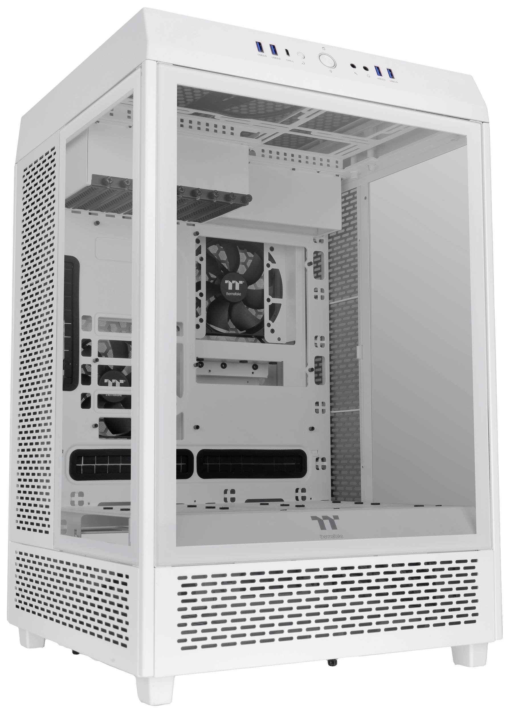 Wit pc-behuizing met glazen front- en zijwanden. De behuizing biedt ruimte voor hardwarecomponenten en maakt het mogelijk om het interieur te bekijken.