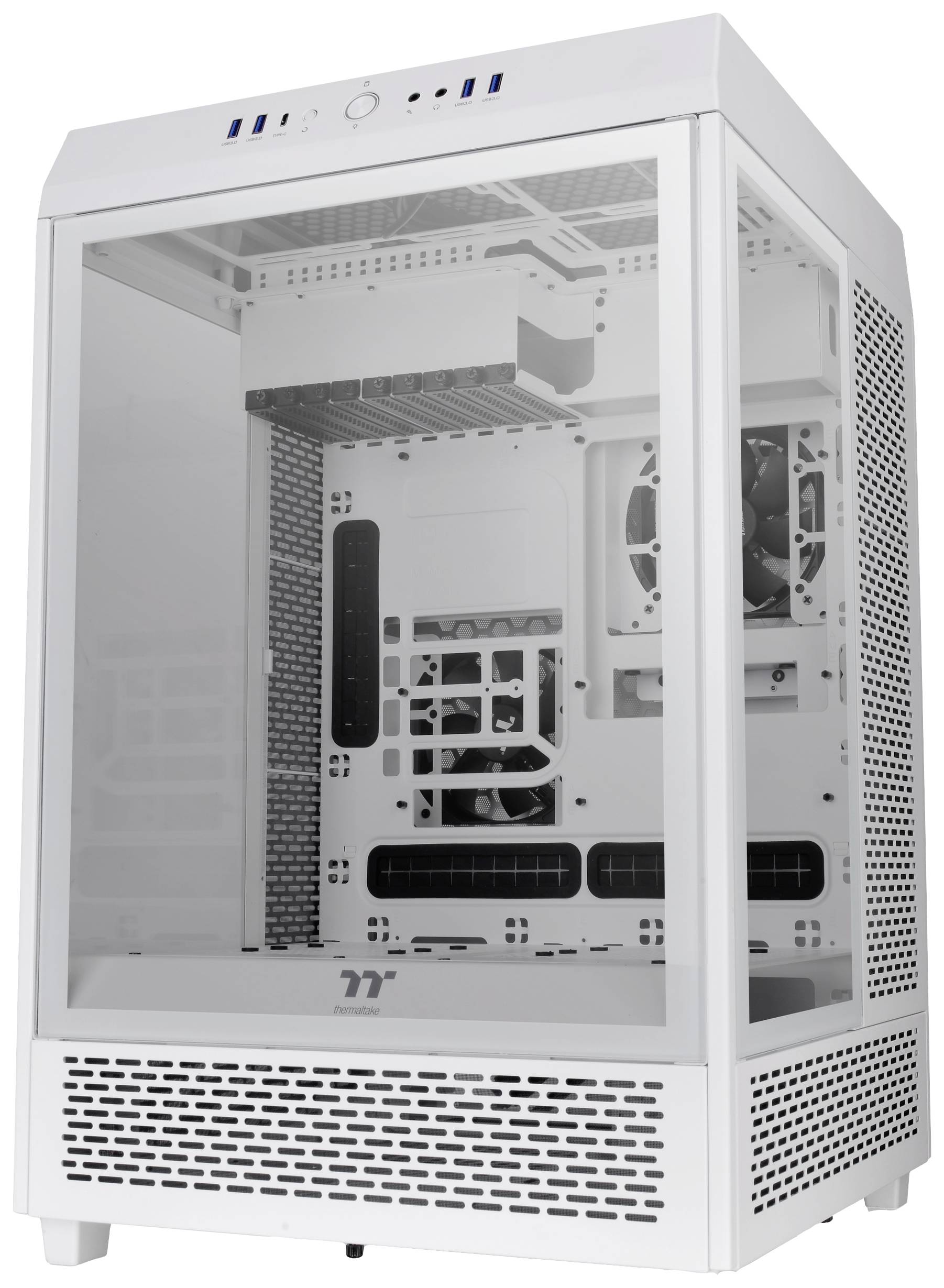 Wit, transparant computerbehuizing met meerdere ventilatorposities, geschikt voor gaming-pc-assemblage en koeling.