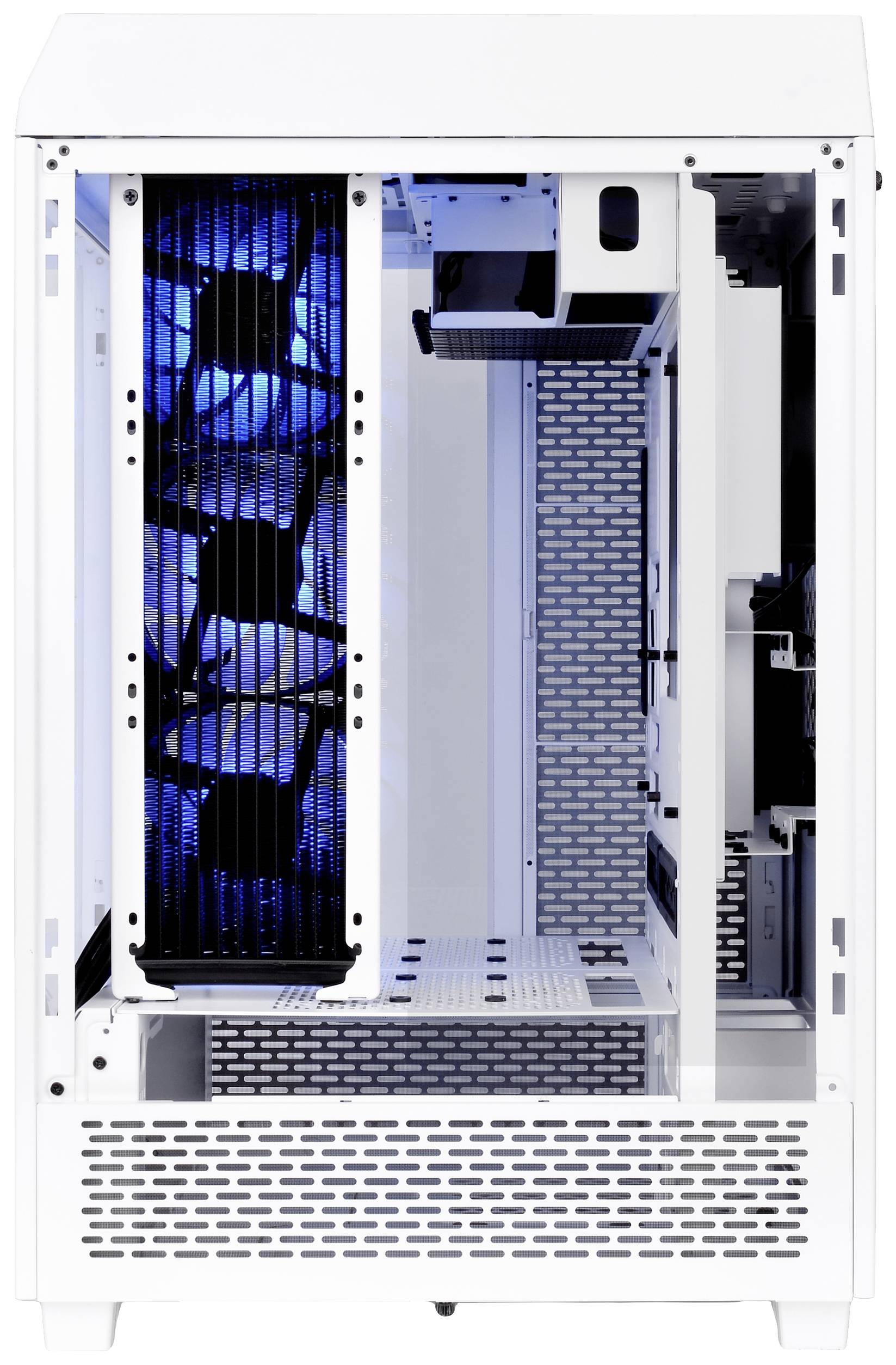 Een wit computerbehuizing van opzij gezien, met drie blauwe LED-ventilatoren en een ruime binnenindeling voor pc-componenten.