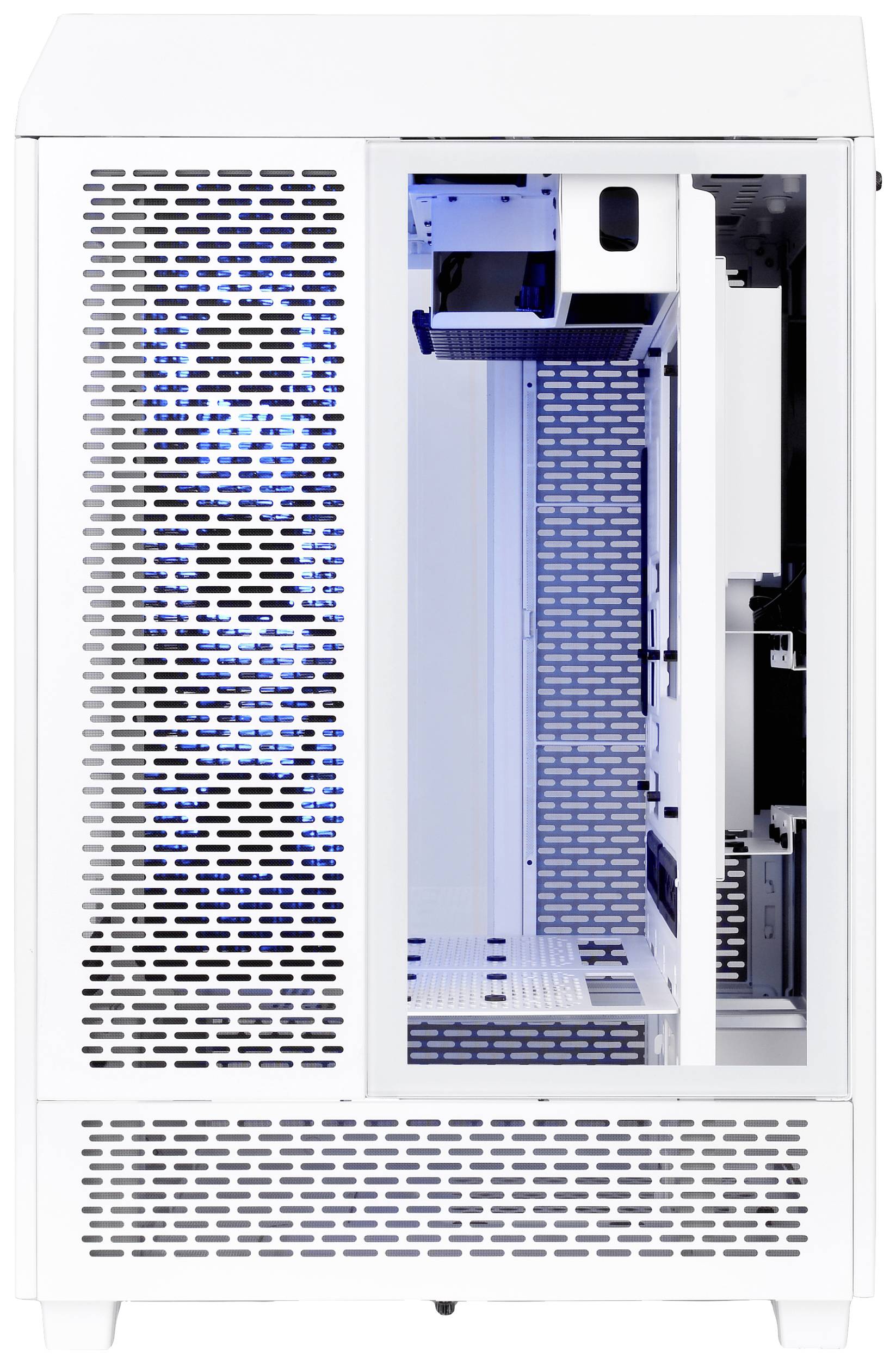 Wit computerbehuizing met blauwe LED-verlichting aan de binnenkant. Vooraanzicht toont geventileerde frontplaat en lege binnenruimte voor componentenmontage.