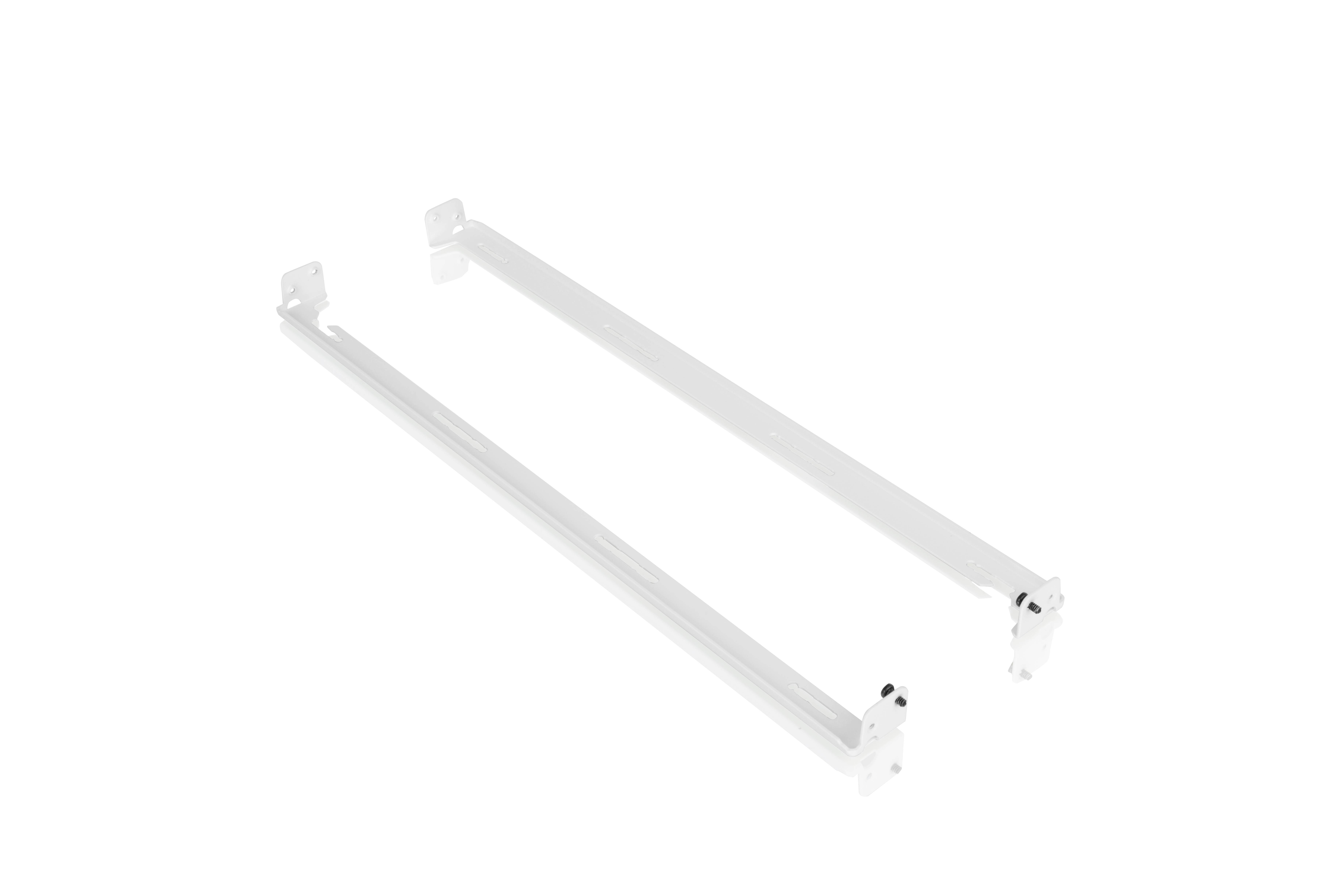 Twee witte, parallel geplaatste metalen stangen op een lichte ondergrond, mogelijk onderdelen van een rek of steun.