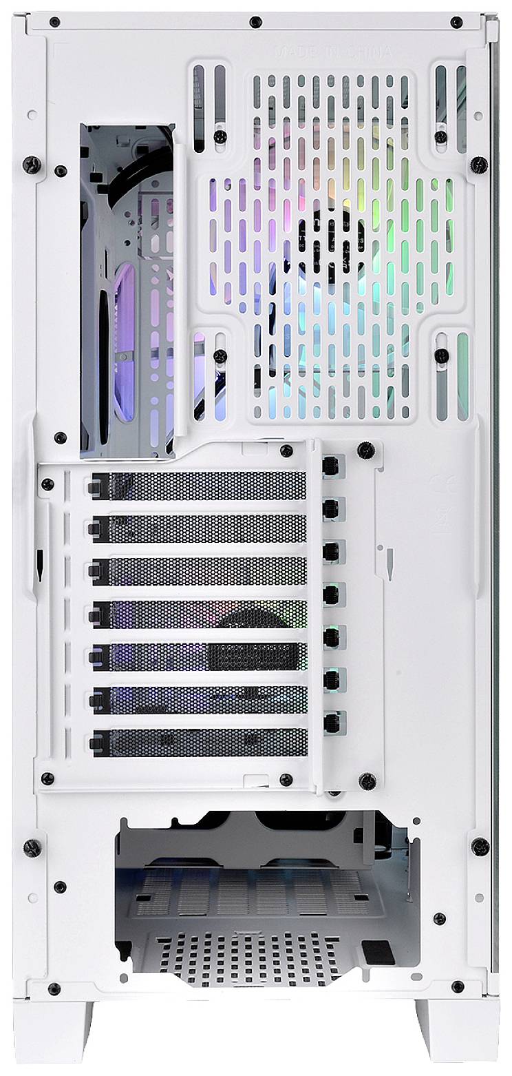 Witte achterkant van een computerbehuizing met verluchtingssleuven en RGB-verlichting zichtbaar. Meerdere uitbreidingssleuven aanwezig. Gebruiksdoel: ondersteuning van pc-componenten.