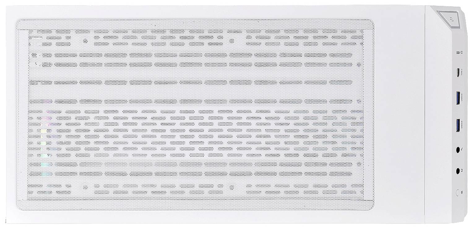 Wit computerbehuizing met zijdelingse ventilatiesleuven en aansluitingen voor USB, koptelefoon en microfoon.
