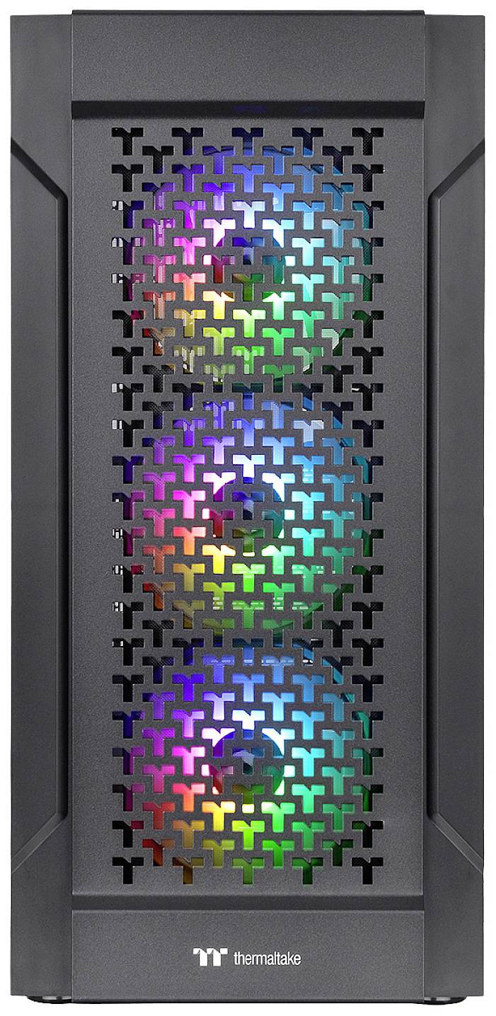 Een pc-behuizing met drie oplichtende RGB-ventilatoren achter een geperforeerde frontplaat.