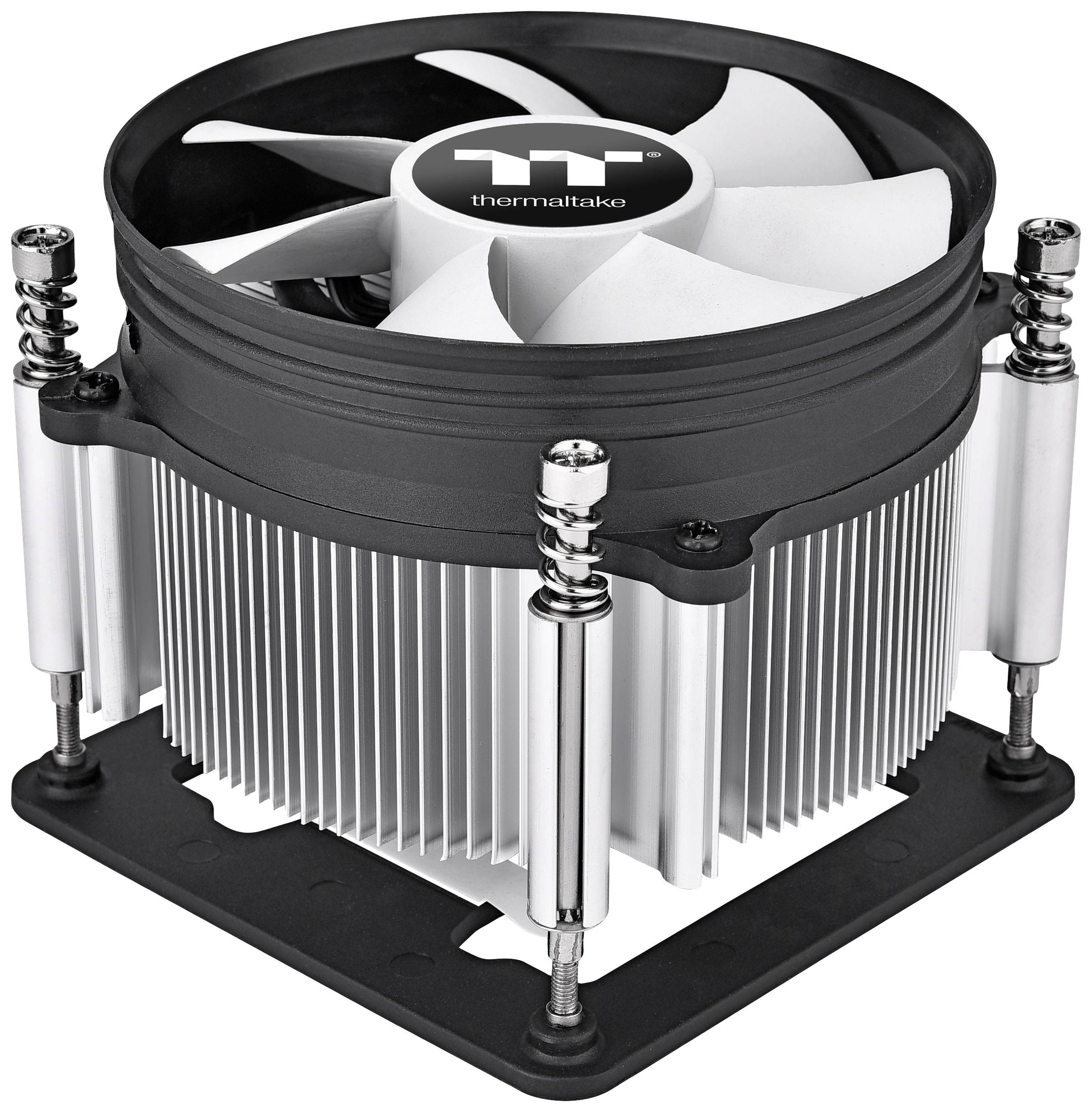 Een computer-processorkoeler met ventilator en zilveren koelvinnen; gemarkeerd met het 'Thermaltake' logo bovenaan.