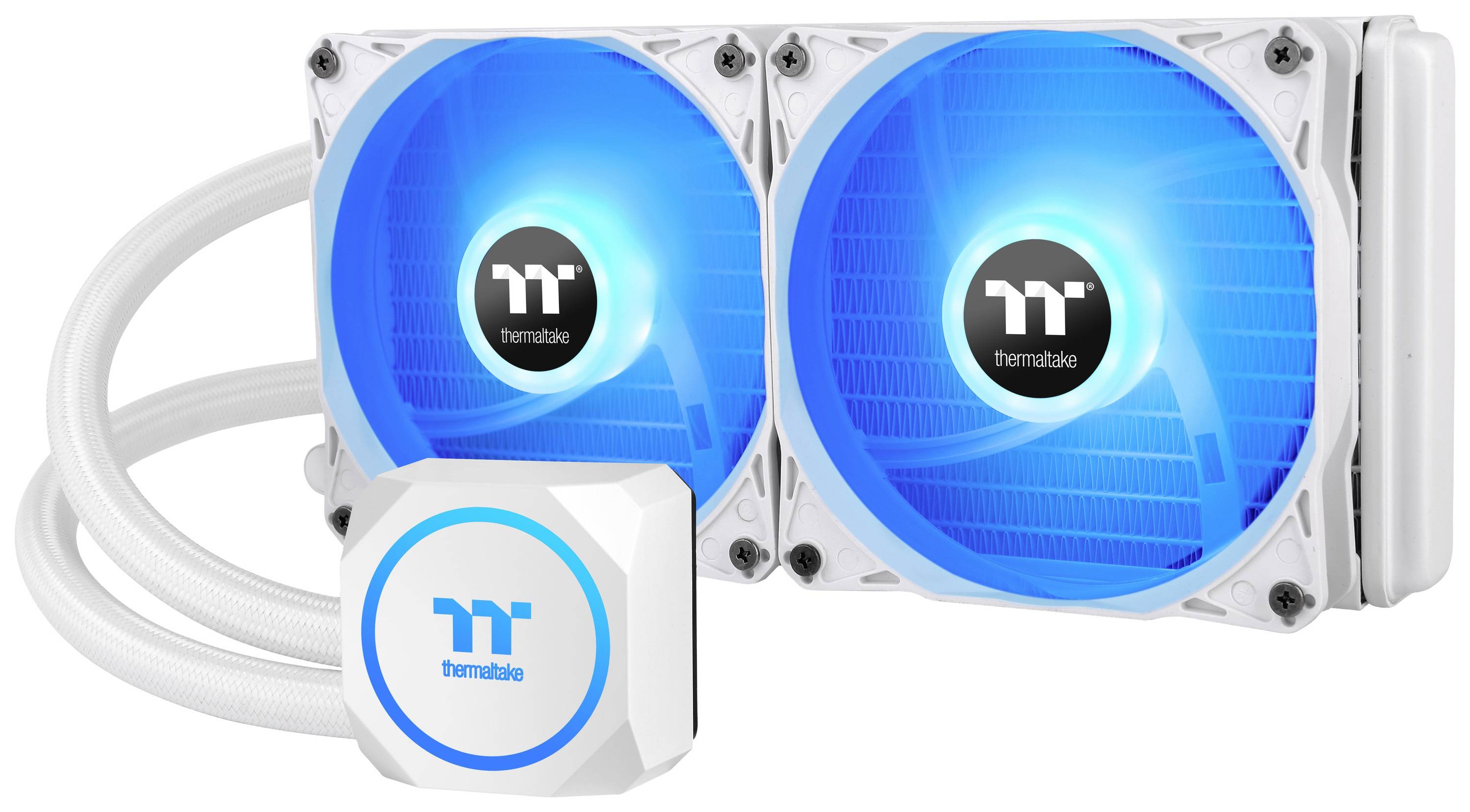 Een witte Thermaltake CPU-waterkoeler met twee blauwe, verlichte ventilatoren en een pompunit.