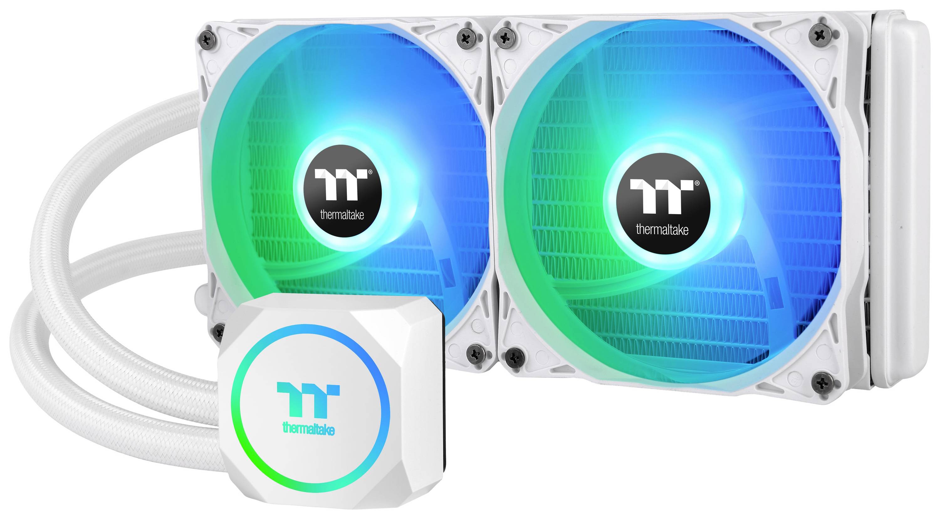 Een Thermaltake-vloeistofkoeling met twee verlichte ventilatoren en een waterblok, ideaal voor efficiënte computerkoeling.