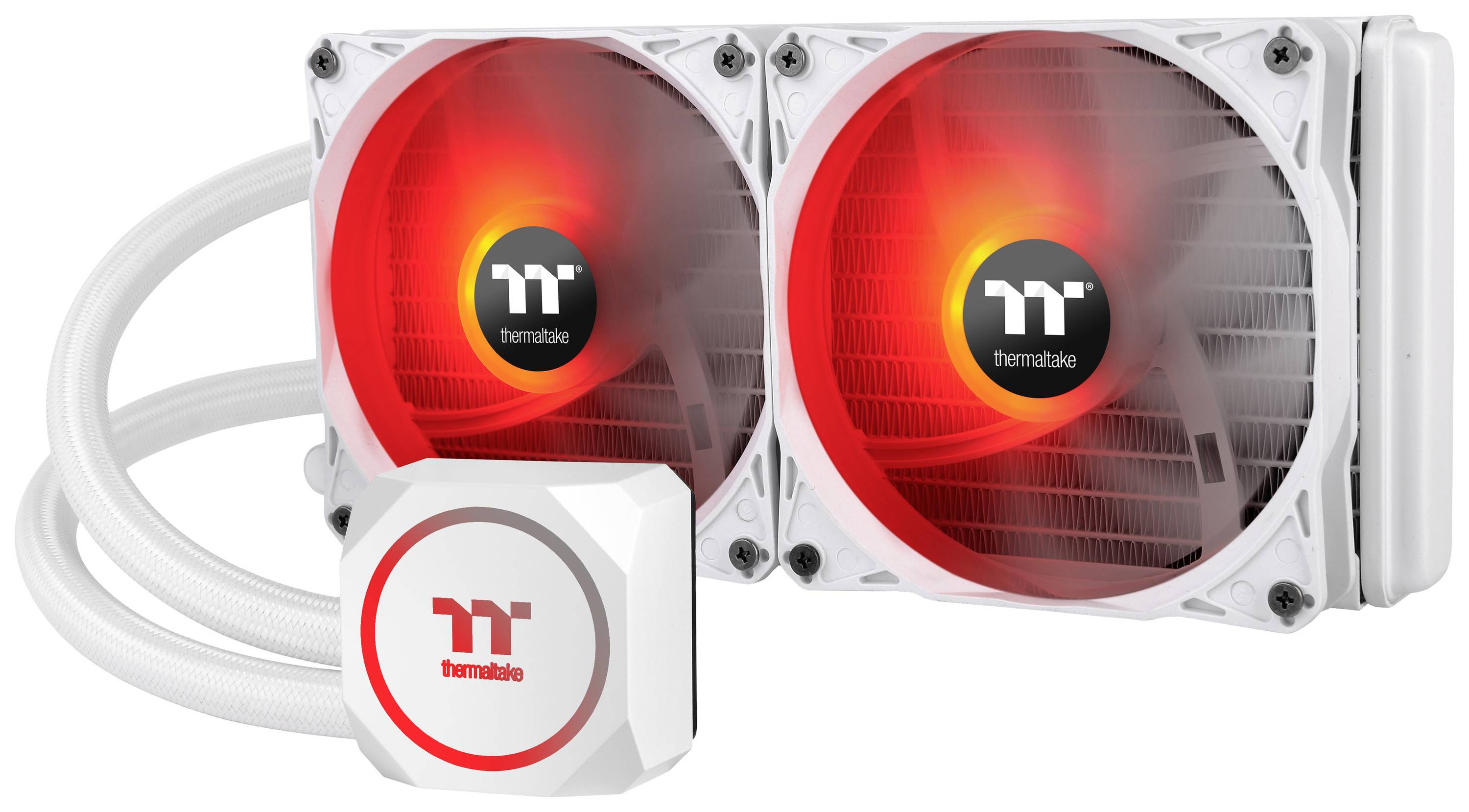 Een witte computerwaterskoeler met twee rood verlichte ventilatoren en Thermaltake-logo. Geschikt voor het koelen van processors.